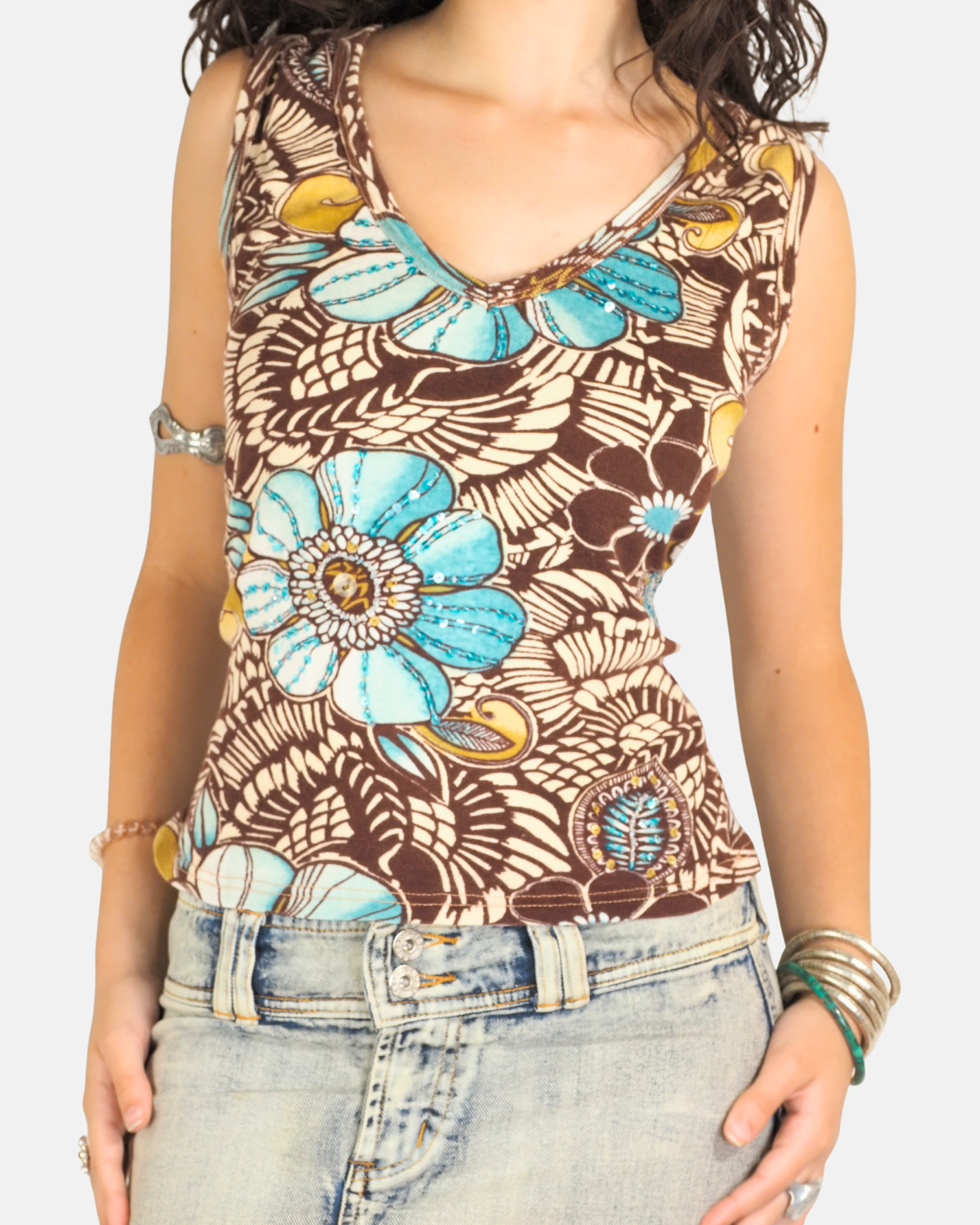 Brown Turquoise Floral Embellished Top - Camomilla