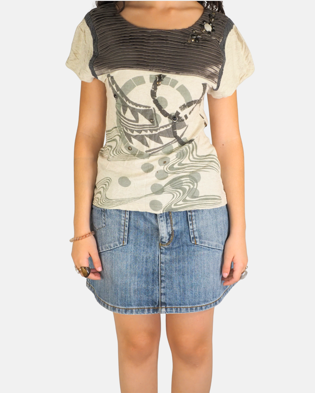Cream Graphic Embellished Patchwork Top