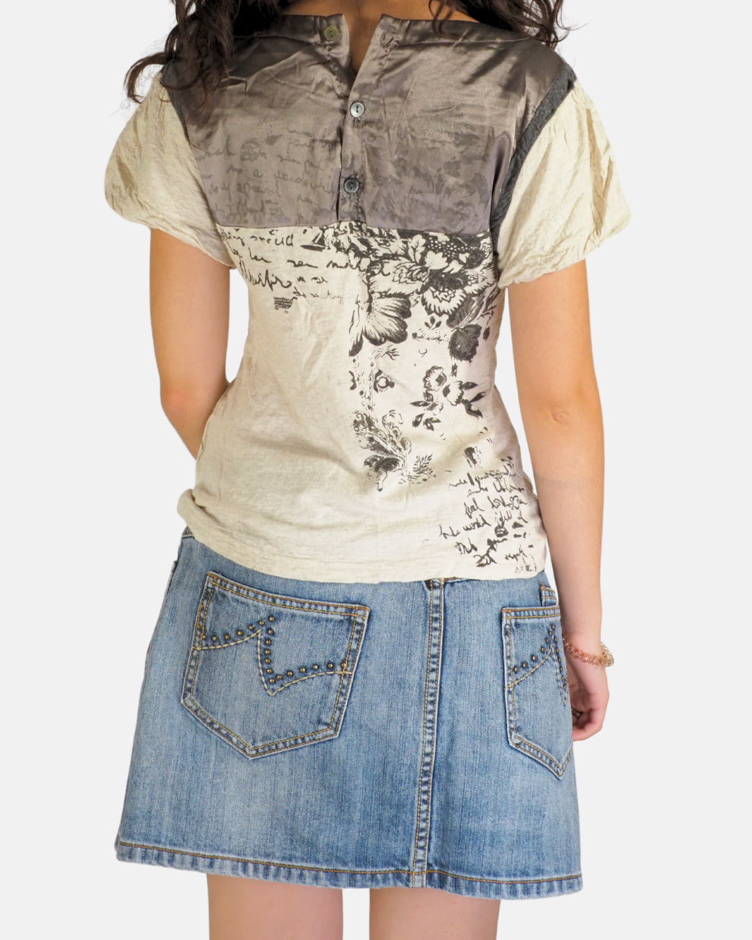 Cream Graphic Embellished Patchwork Top