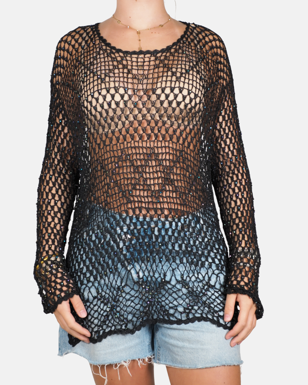 Black Sequin Crochet Tunic Top - SUJI KIM