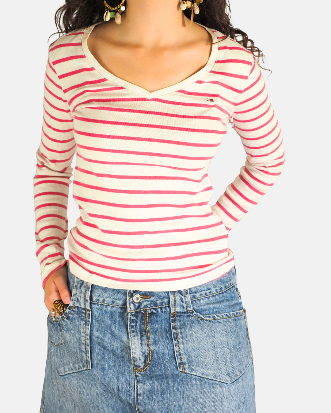Pink Striped V-Neck Top - Tommy Hilfiger