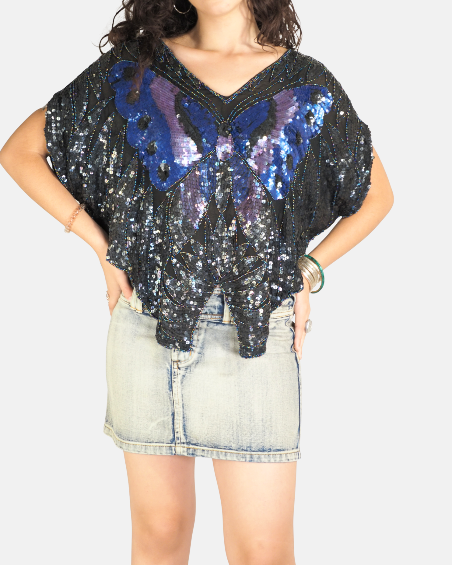 Blue Butterfly Sequin Beaded Poncho Top