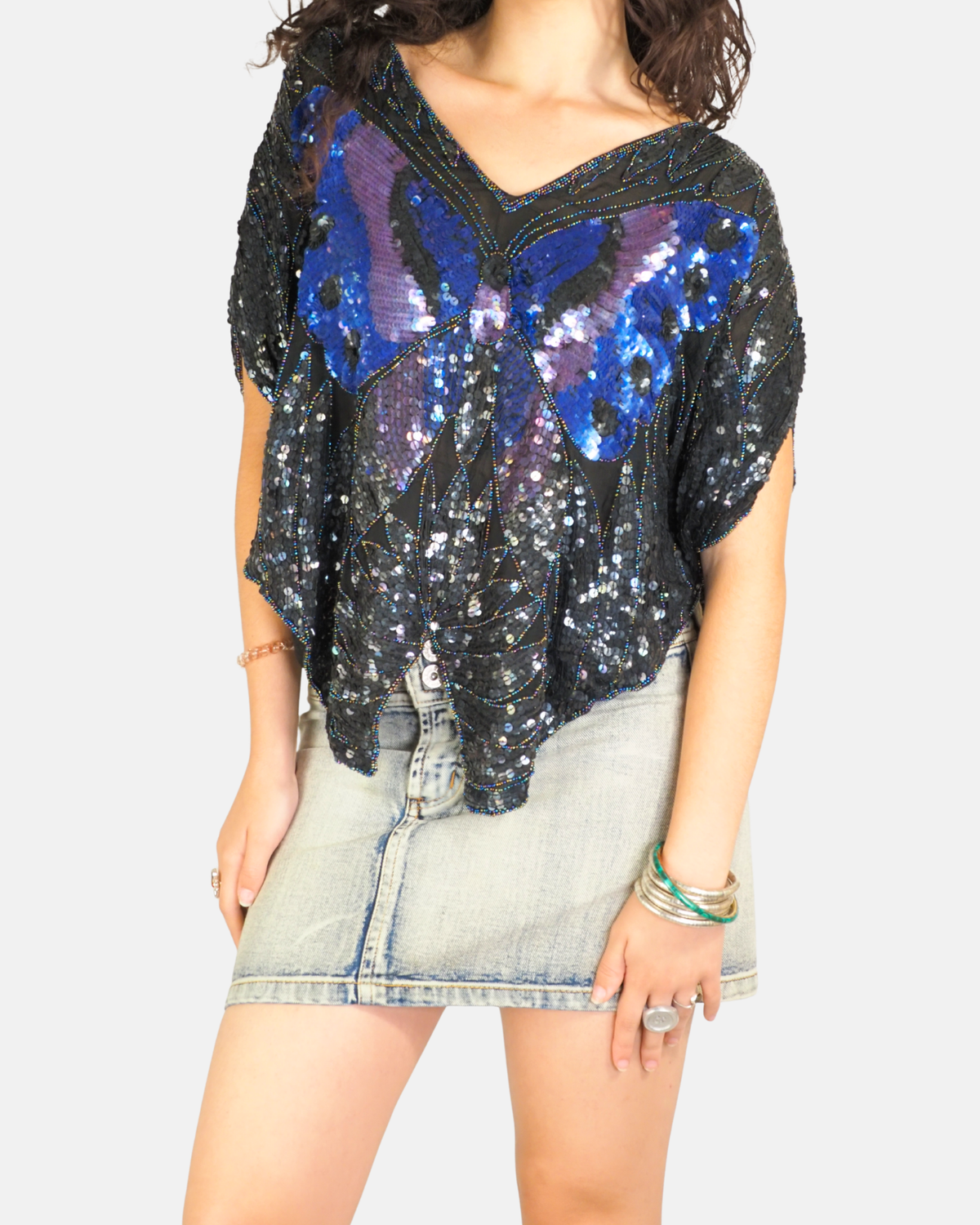 Blue Butterfly Sequin Beaded Poncho Top