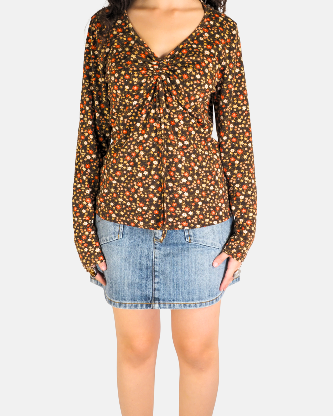 Brown Floral Ruched Tie-Front Top - New Woman