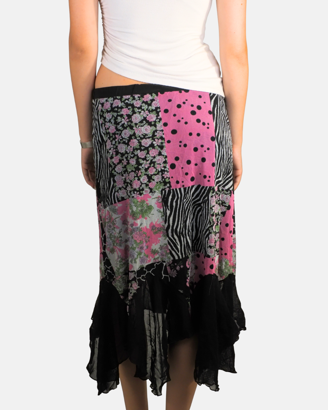 Pink Patchwork Animal Print Asymmetric Midi Skirt