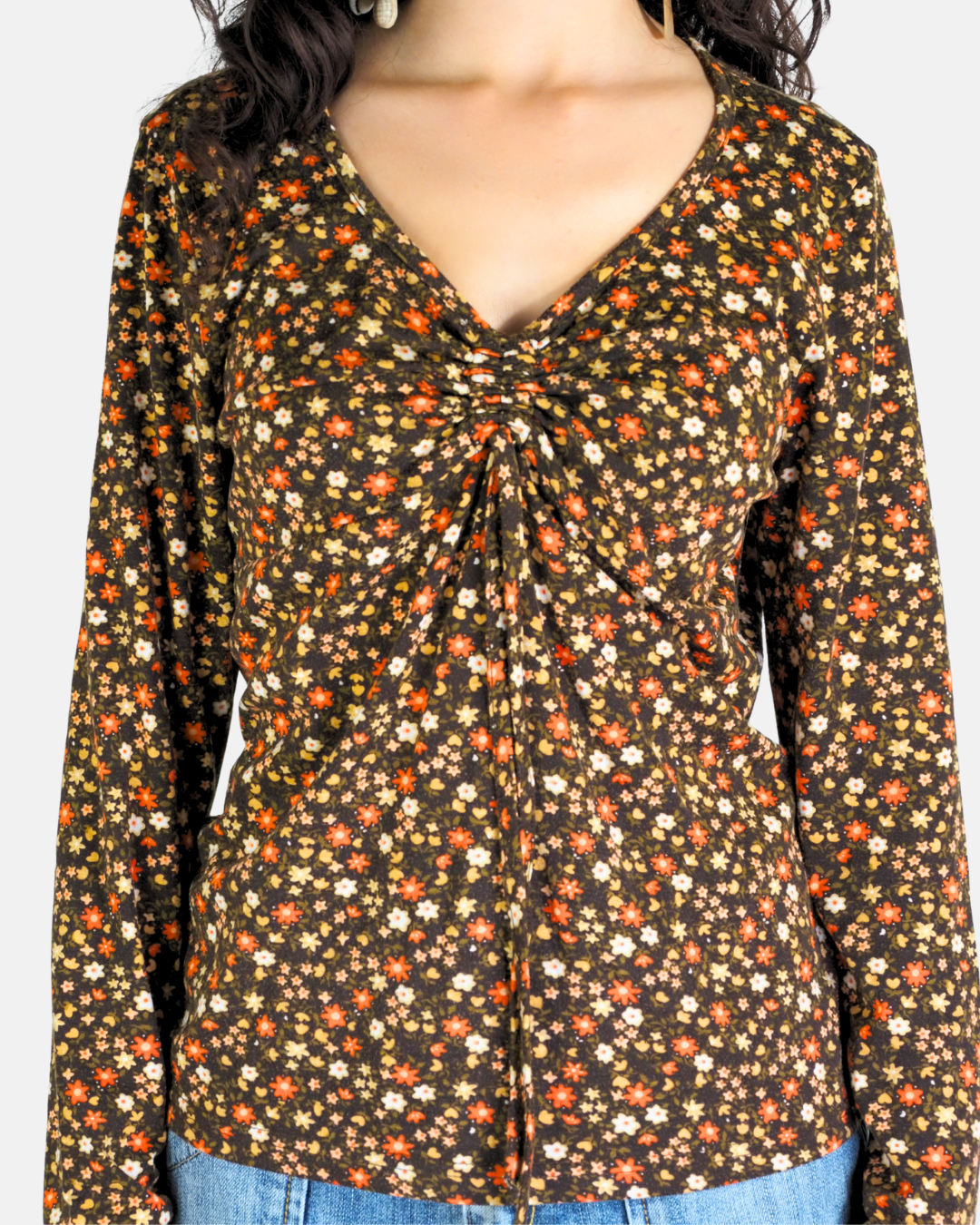 Brown Floral Ruched Tie-Front Top - New Woman