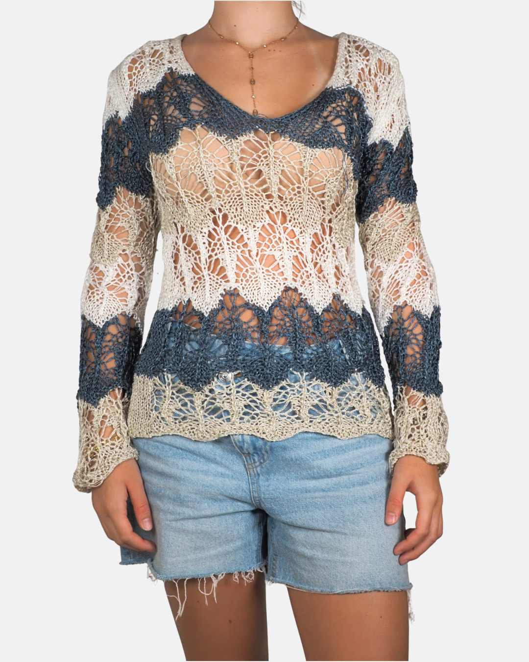 Cream & Slate Blue Knit Top