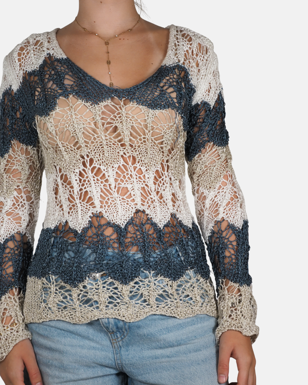 Cream & Slate Blue Knit Top