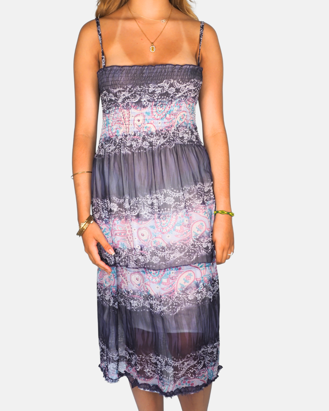Mi Ga Midnight Paisley Mesh Midi Dress