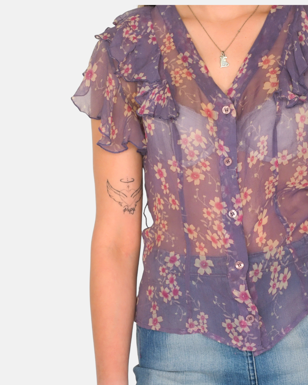 Full Circle Sheer Purple Floral Ruffle Blouse