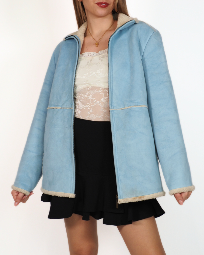 Vintage Orly Shearling Zip Jacket in Baby Blue Lined in Borg Fabric