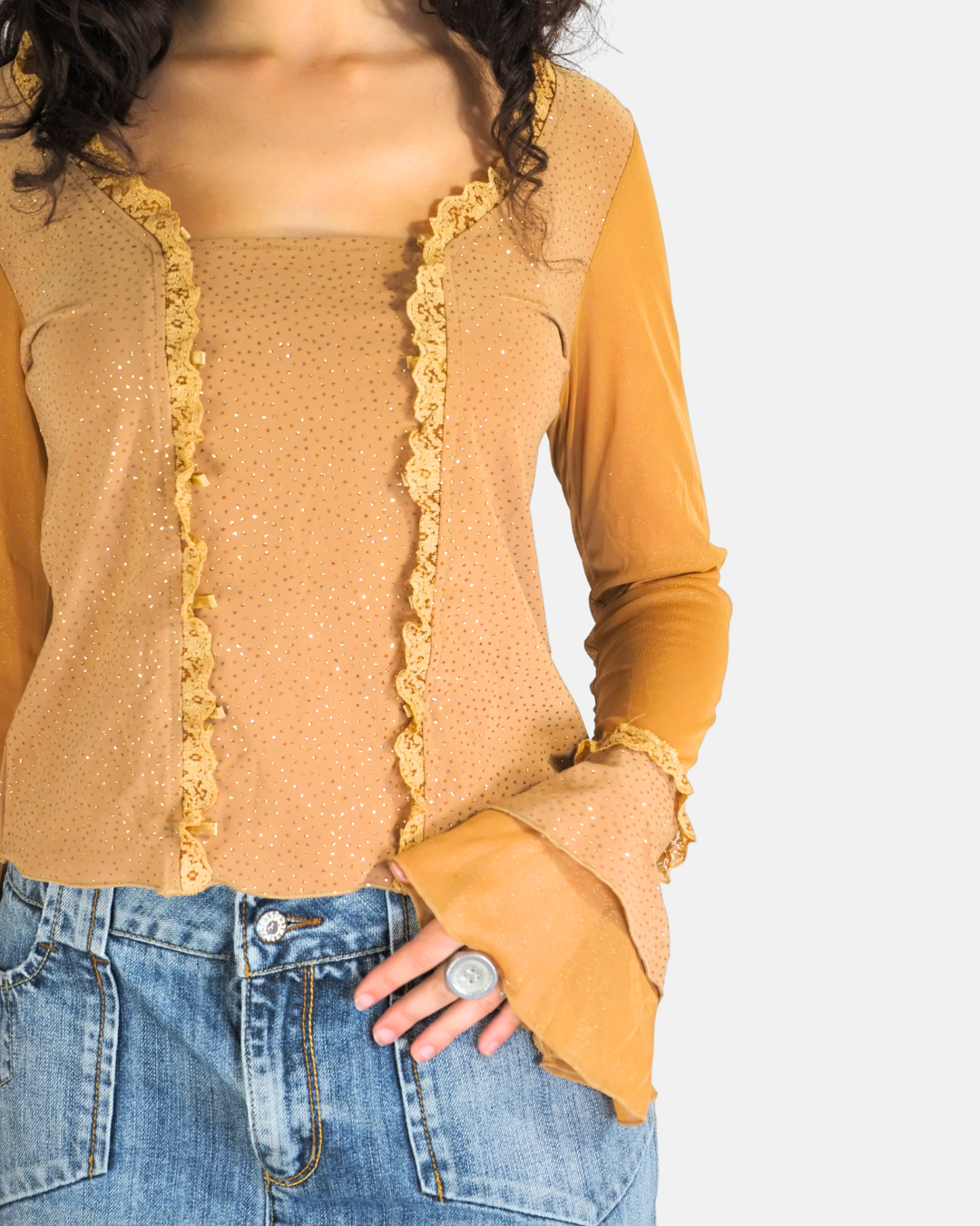 Mustard Rhinestone Lace Bell-Sleeve Top - Step