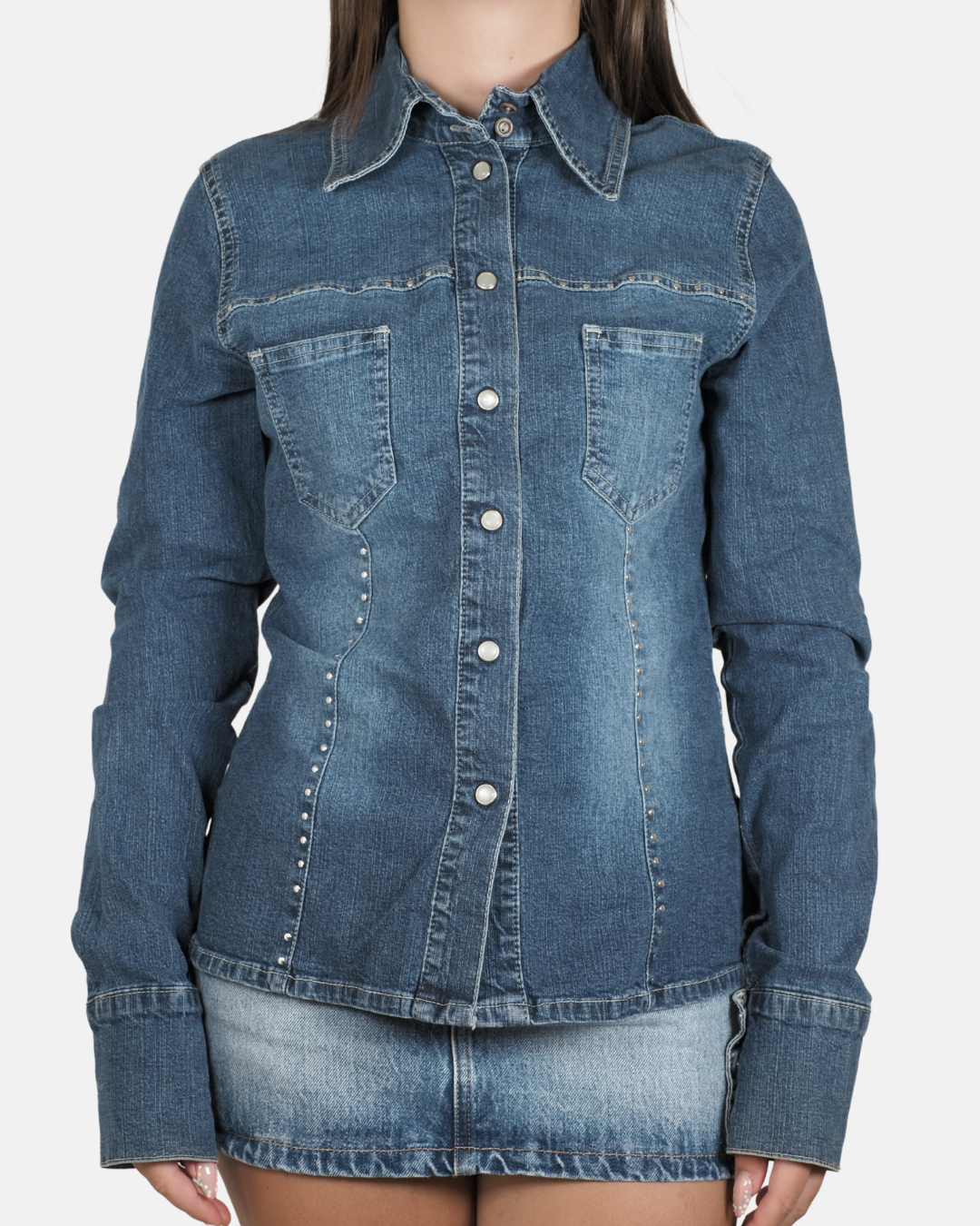 Studded Fitted Denim Shirt - SWEEP