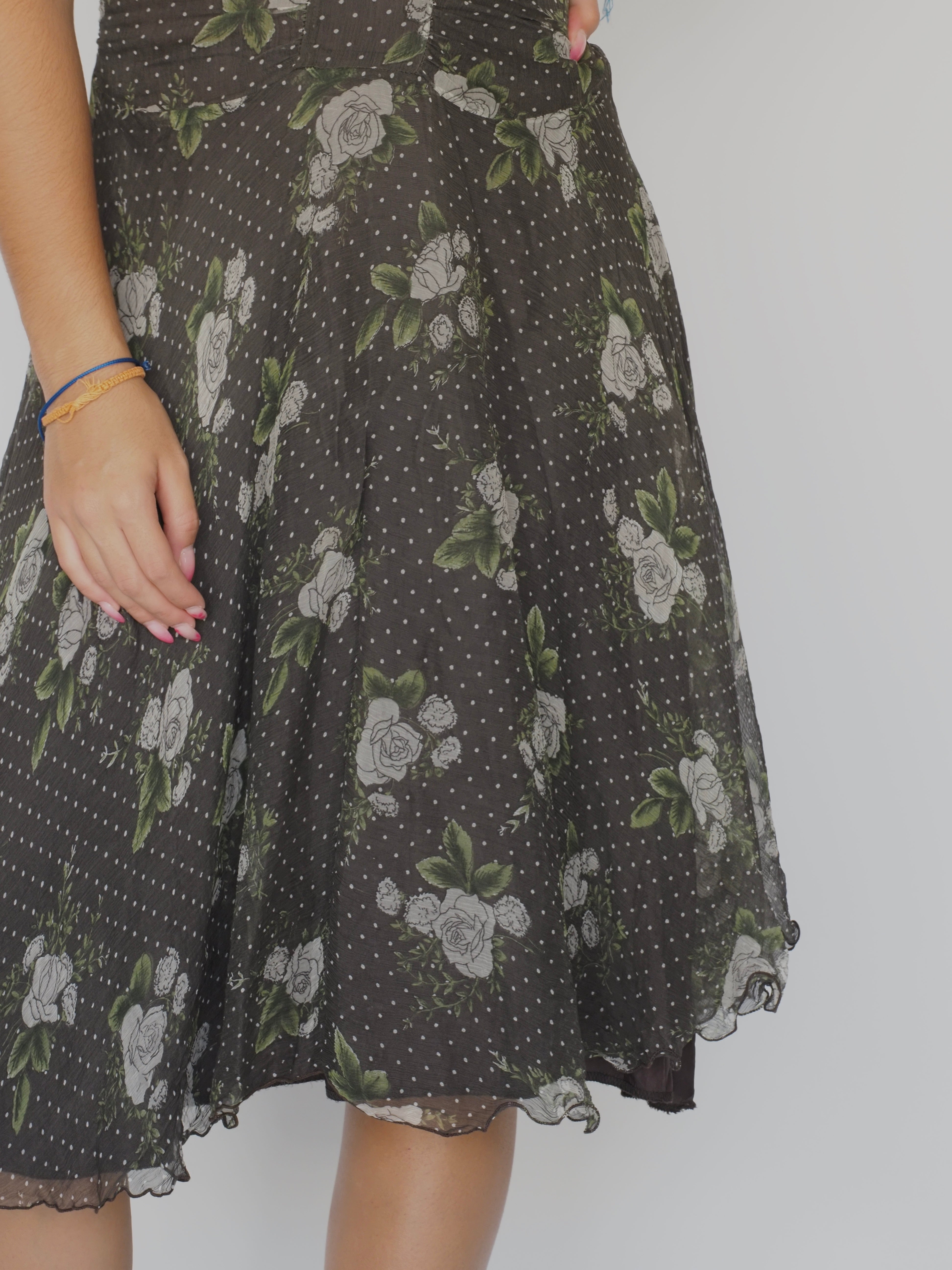 Vintage Black Chiffon Midi Dress with Green Floral & Polka Dot Print