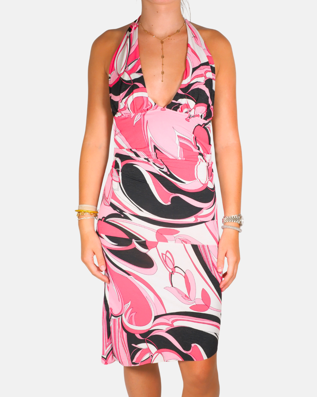 Pulsion Pink Abstract Halterneck Midi Dress