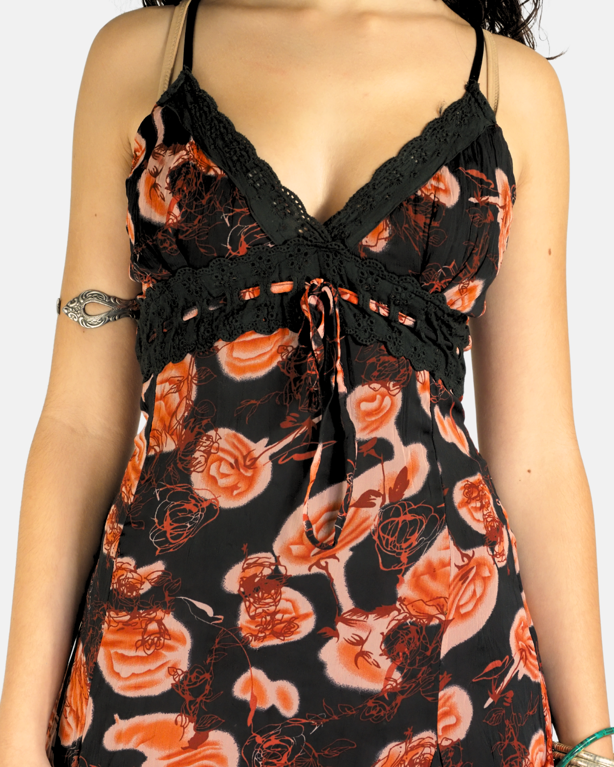 Black & Coral Rose Lace Trim Dress - Fashionable