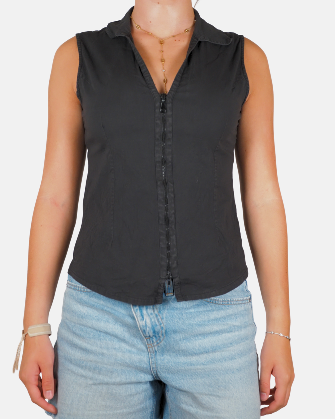 Noir Zip-Up Sleeveless Blouse - Jinhong ZHIYI