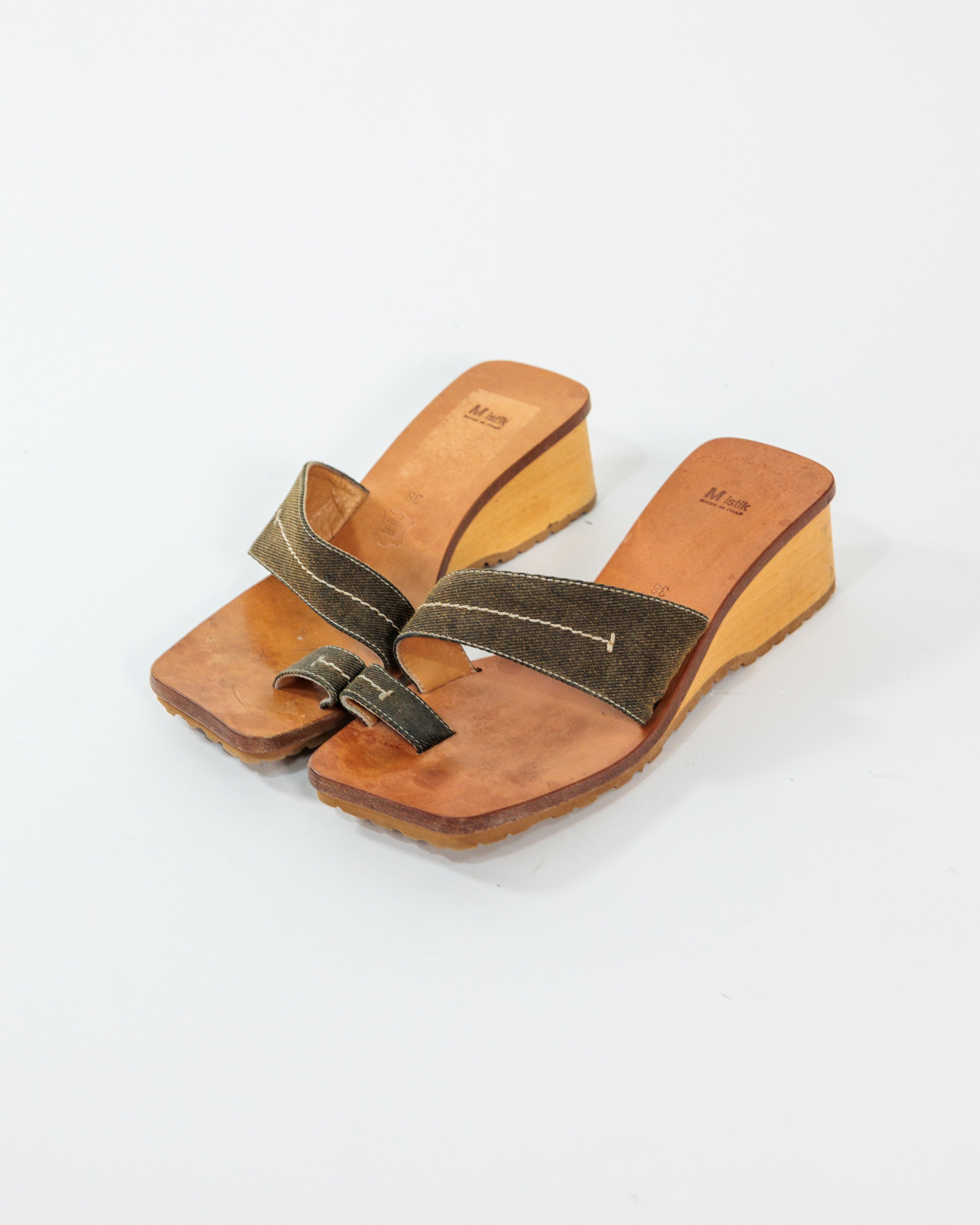 Brown Denim Toe-Ring Wedge Sandals - Mistik