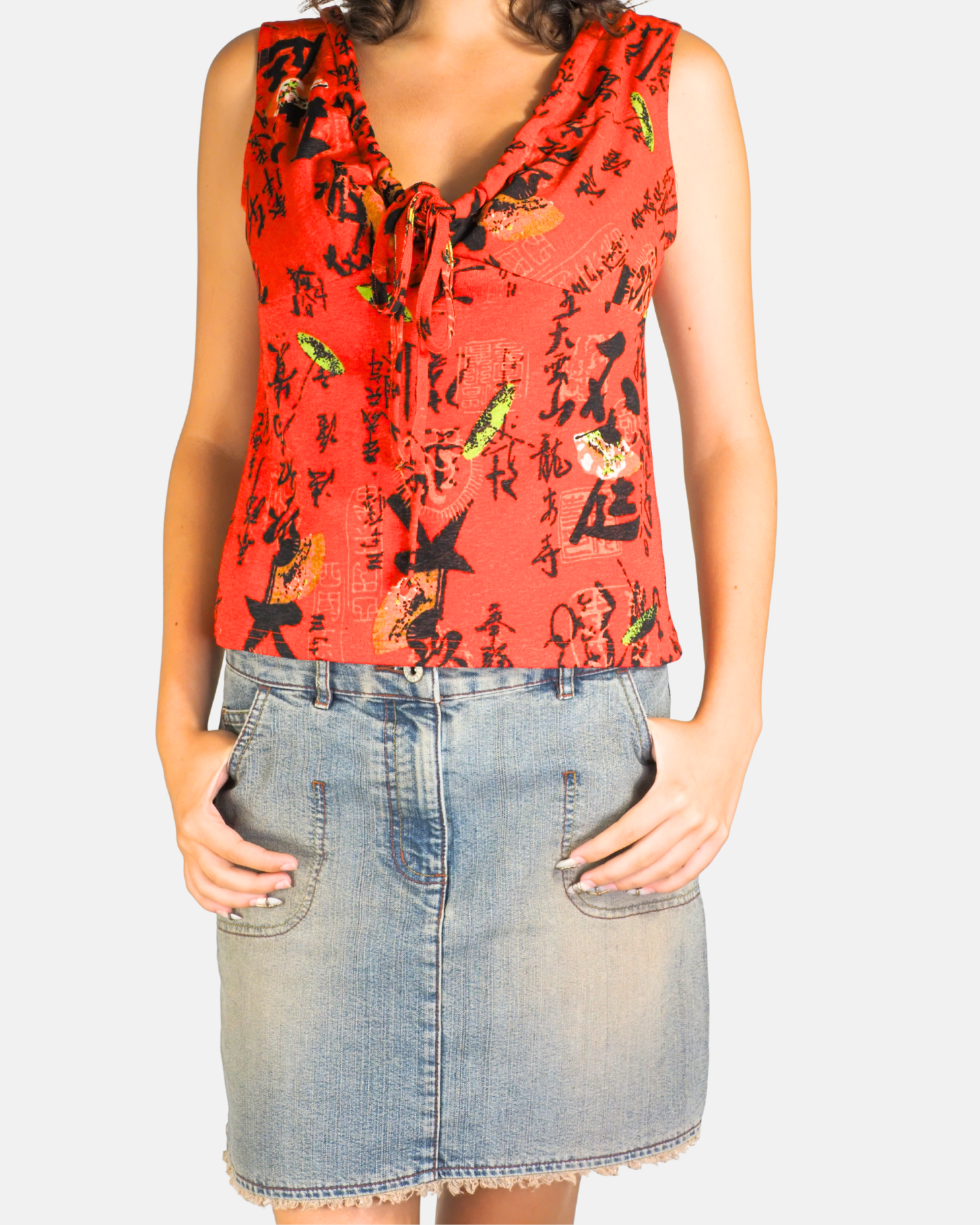 Red Oriental Print Lace-Up Top - Quelque