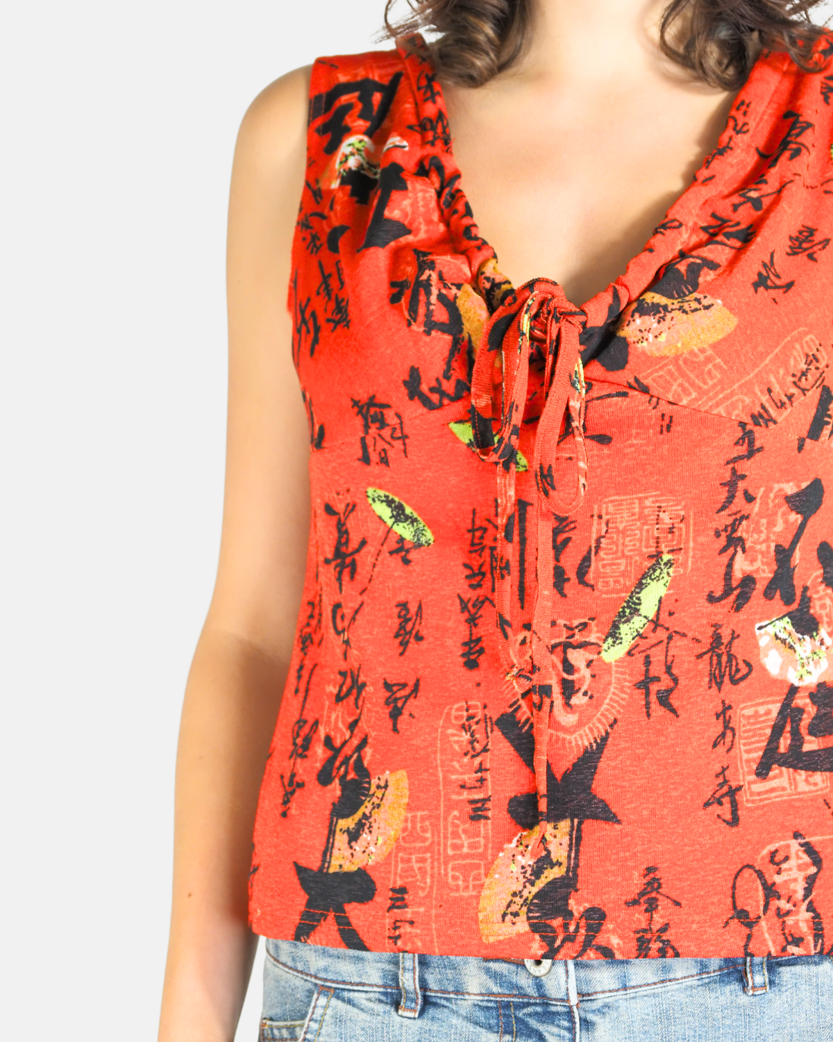 Red Oriental Print Lace-Up Top - Quelque