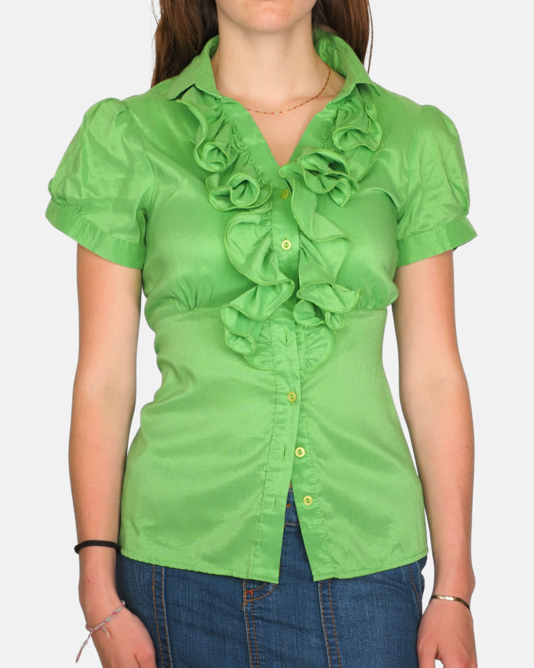 Lime Green Ruffle Satin Blouse by Marina Kaneva