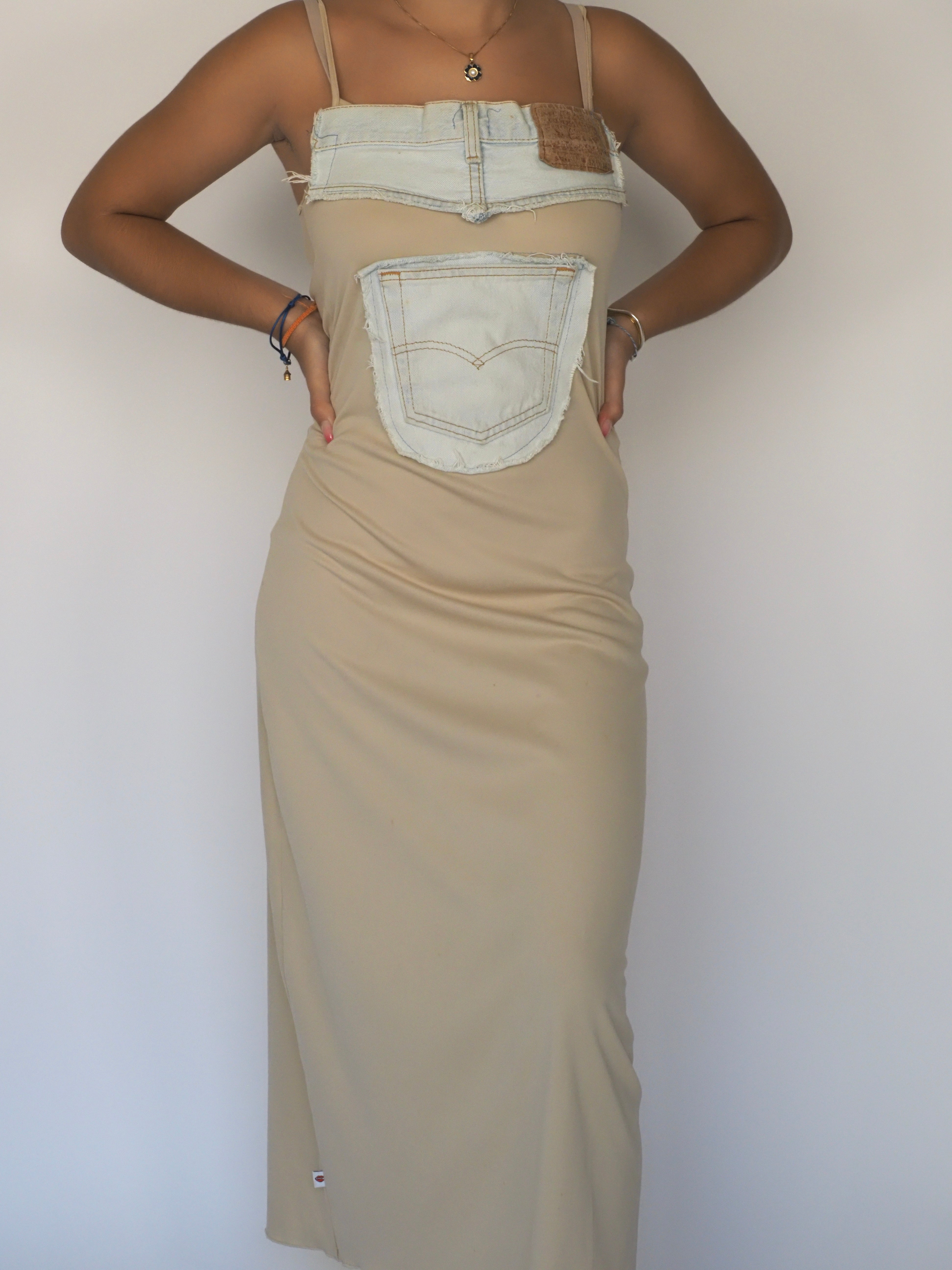 Beige Bodycon Maxi Dress with Upcycled Light-Wash Denim Waistband & Pocket