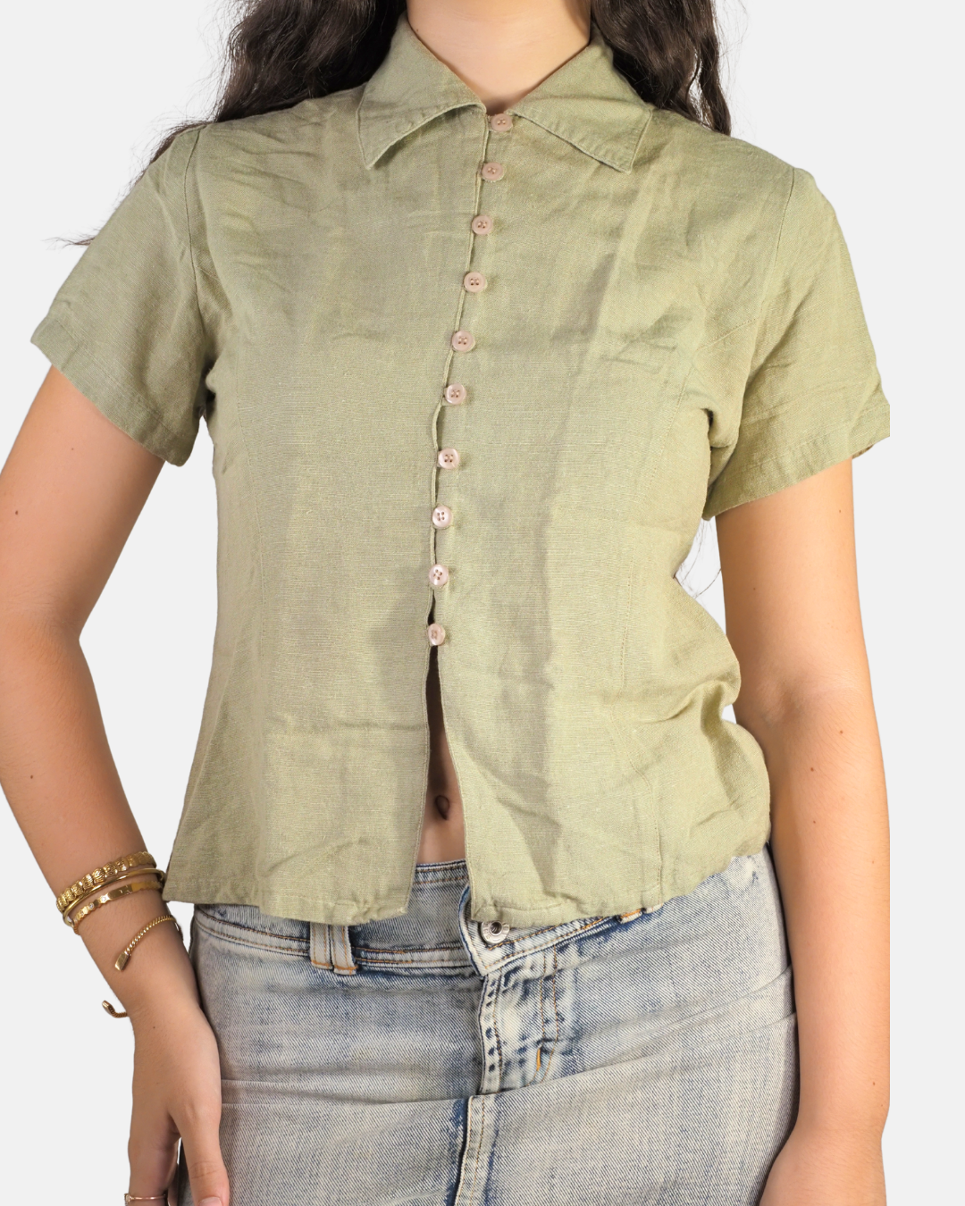 Y2K Sage Green Button Up Cropped Blouse - Suchita