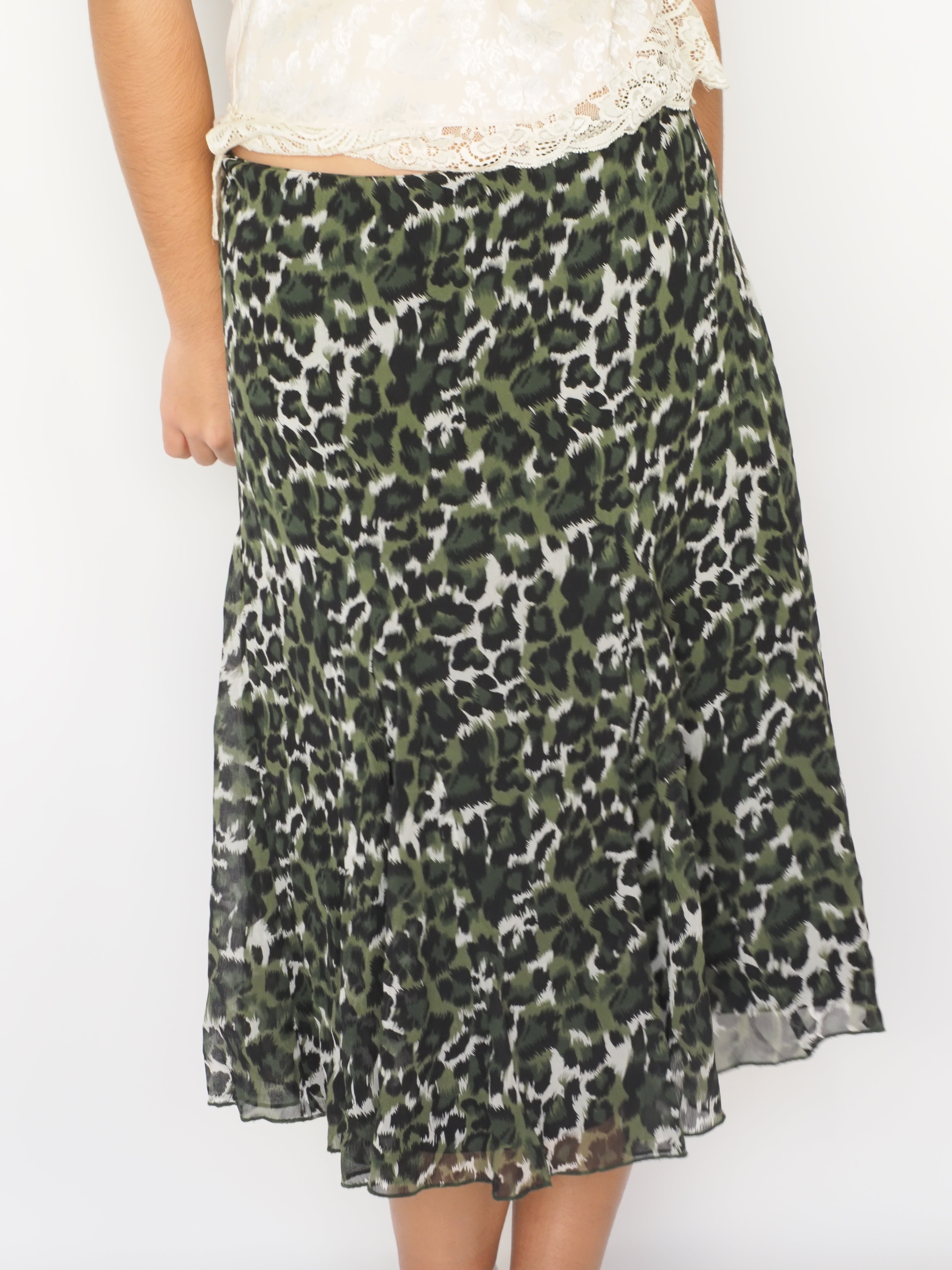 Green Leopard Print Chiffon Midi Skirt