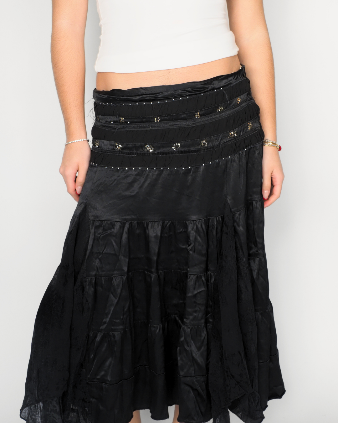 Black Embellished Tiered Midi Skirt