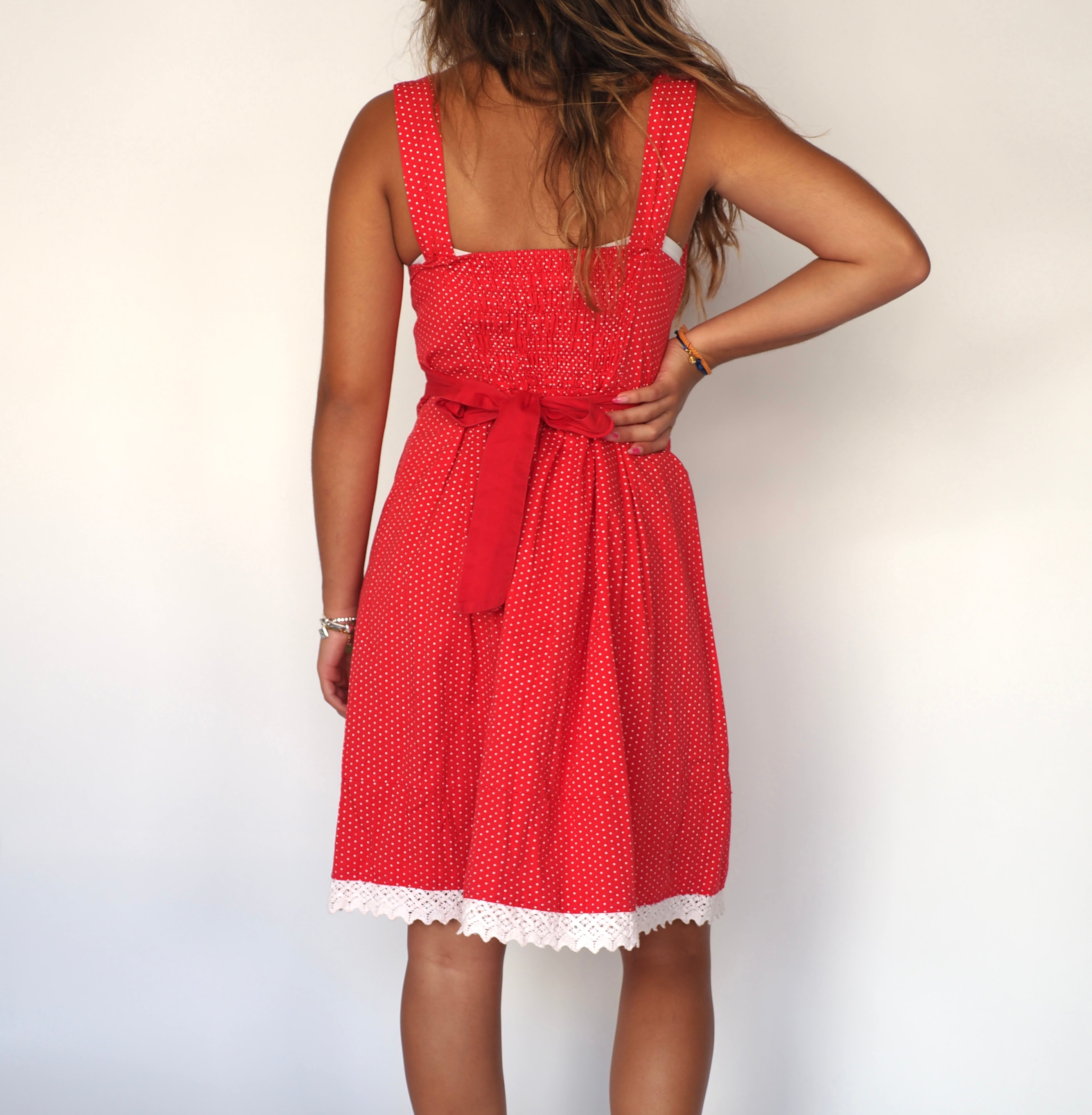 Vintage Red Polka Dot Fit & Flare Dress with Lace Trim