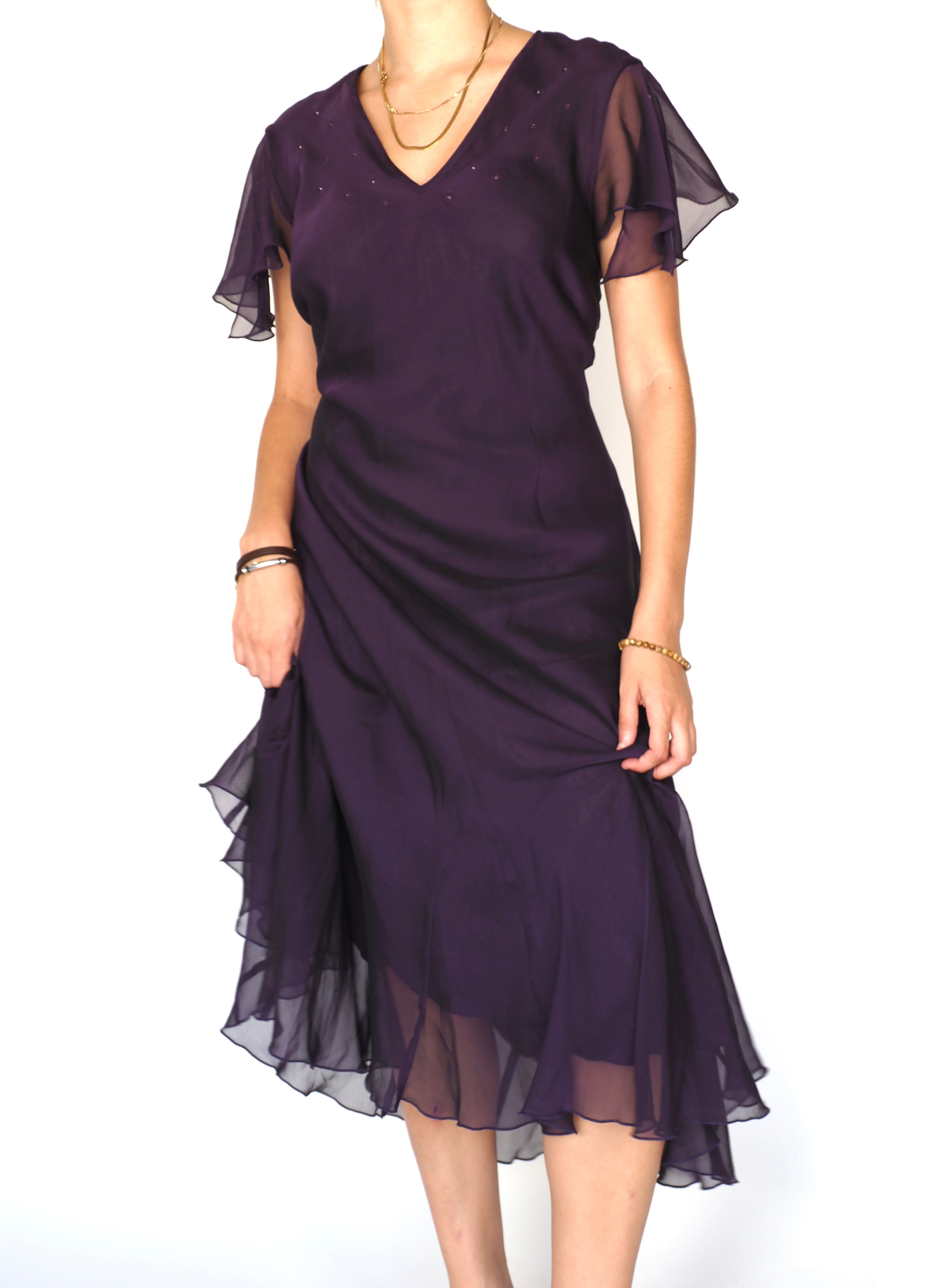 Canda Deep Purple Chiffon Midi Dress with Flutter Sleeves & Beaded Detail