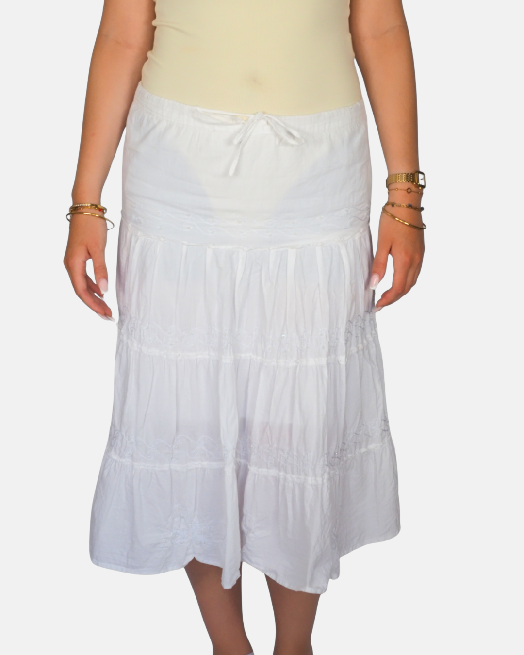 White Boho Tiered Midi Skirt