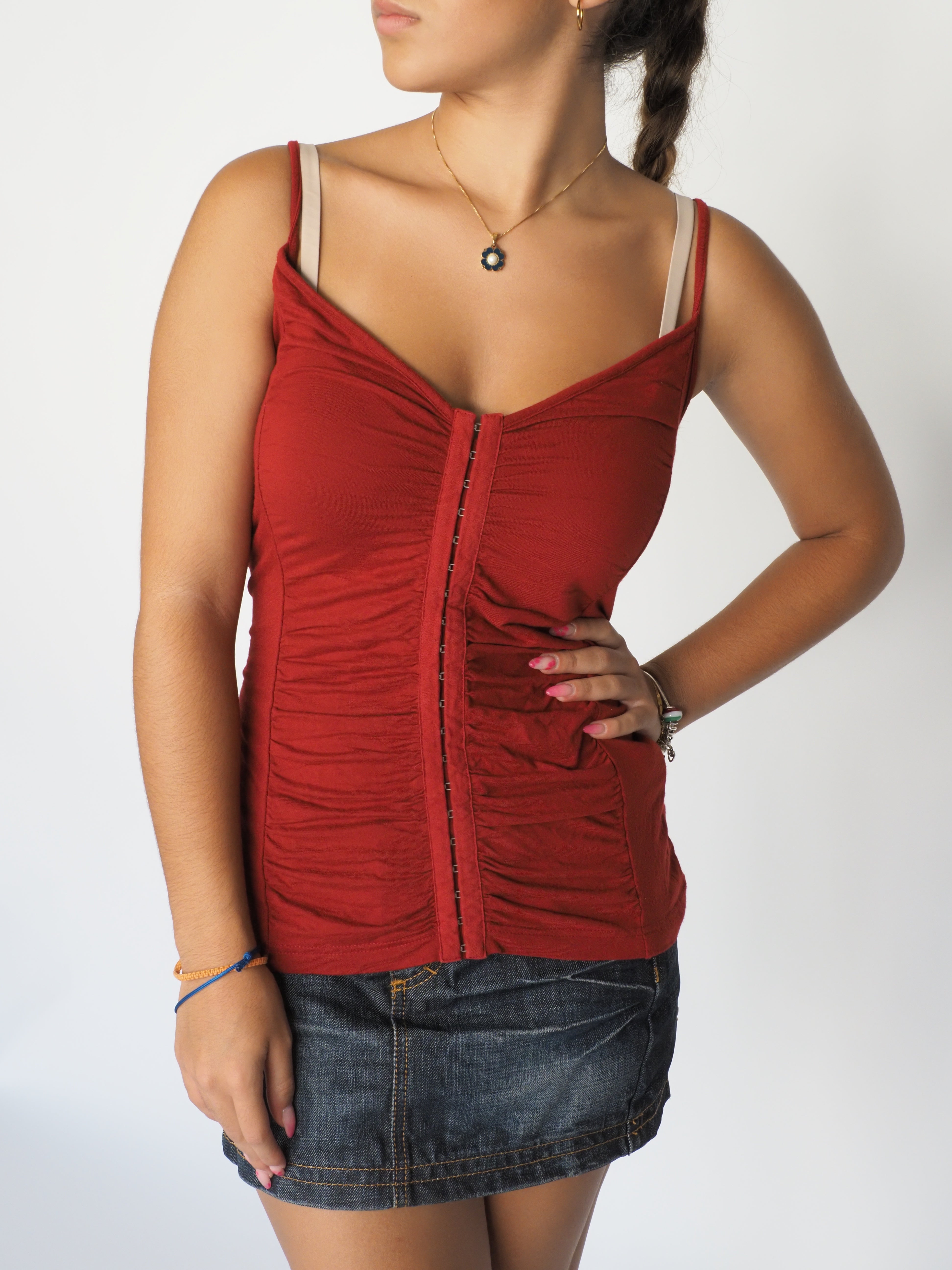 Vintage Rust Ruched Bodycon Cami Top with Hook Detailing – Best Connections