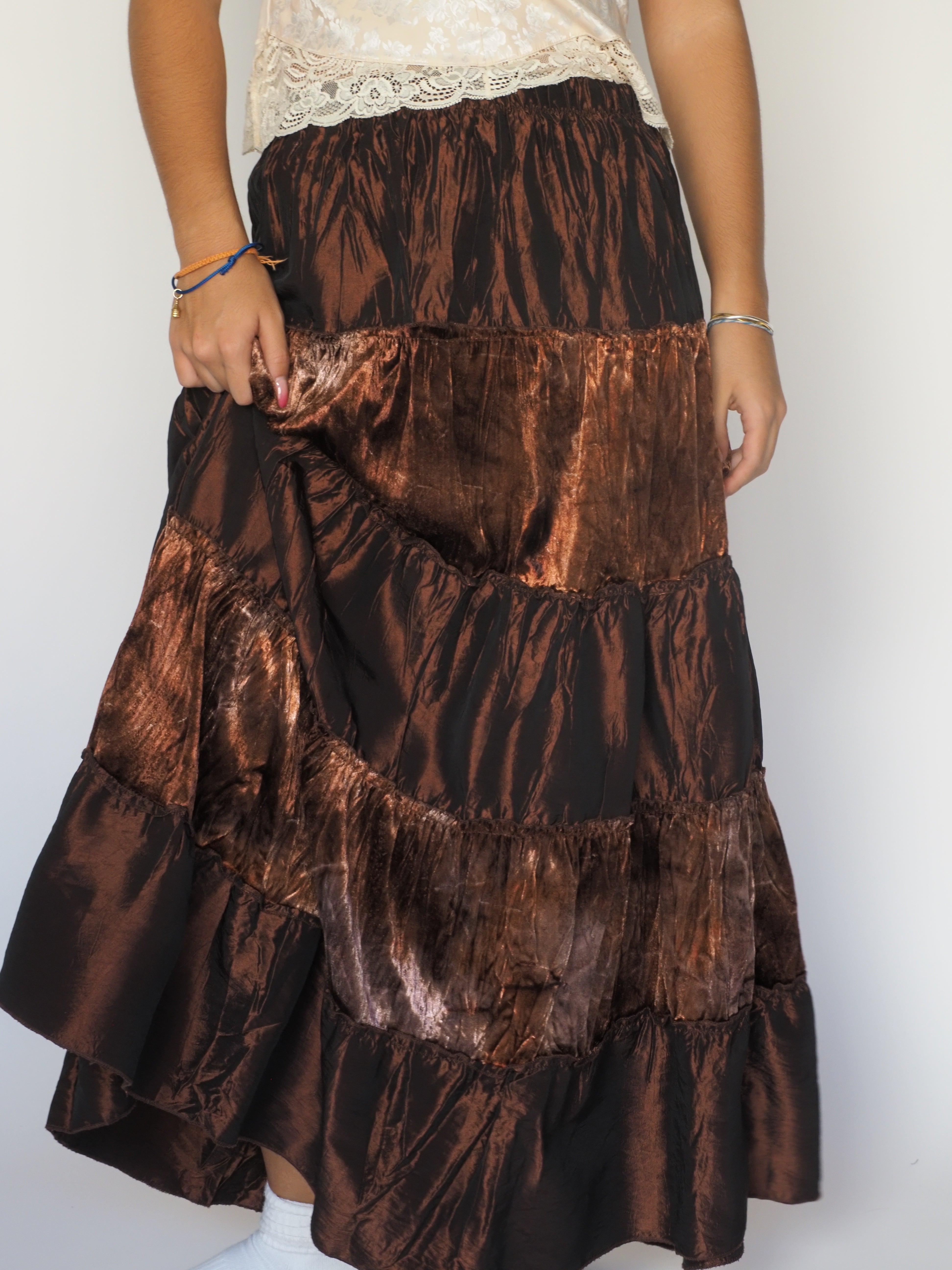 Metallic Copper Tiered Maxi Skirt