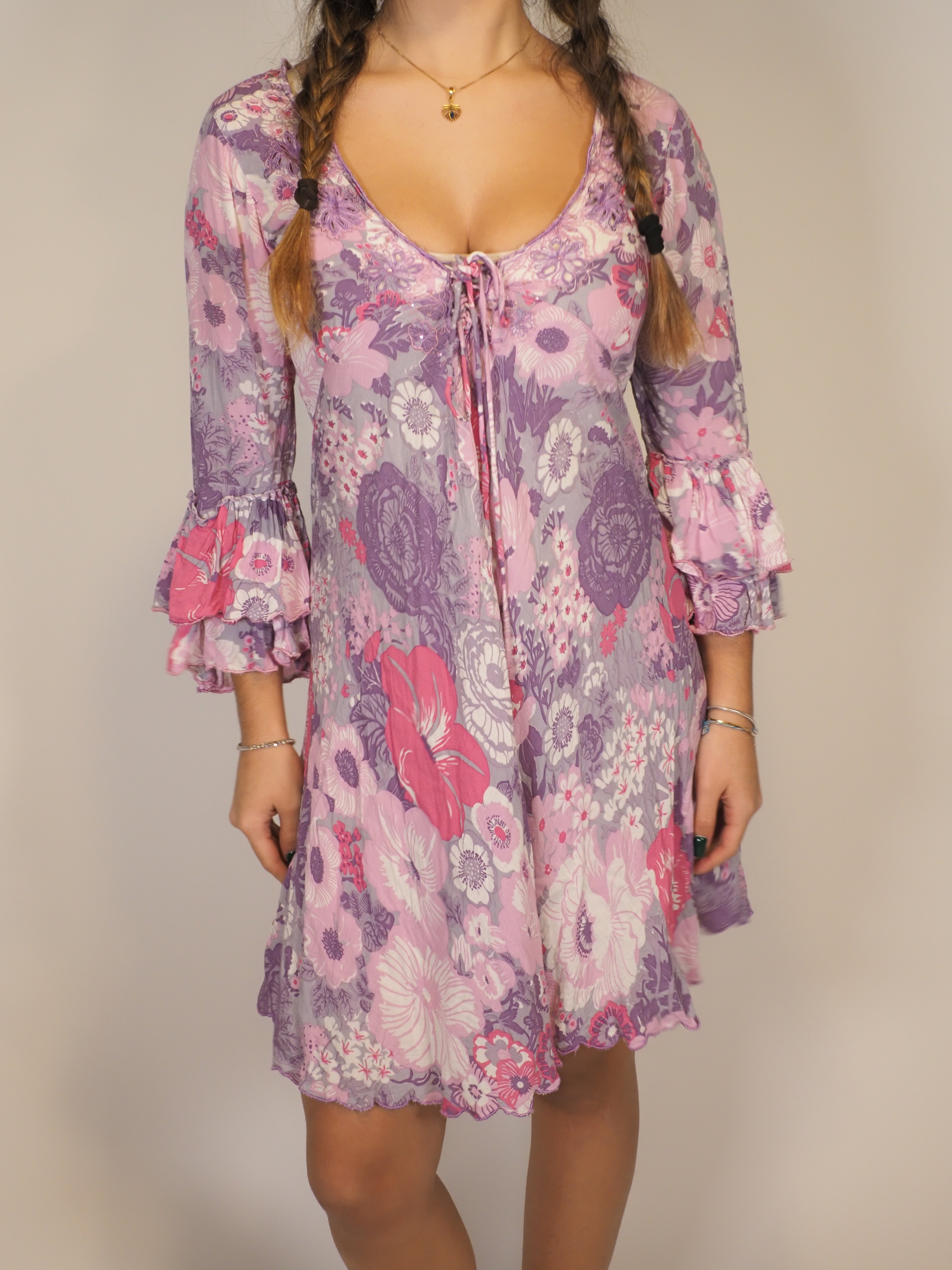Floral Bell-Sleeve Mini Dress – Anna Maria