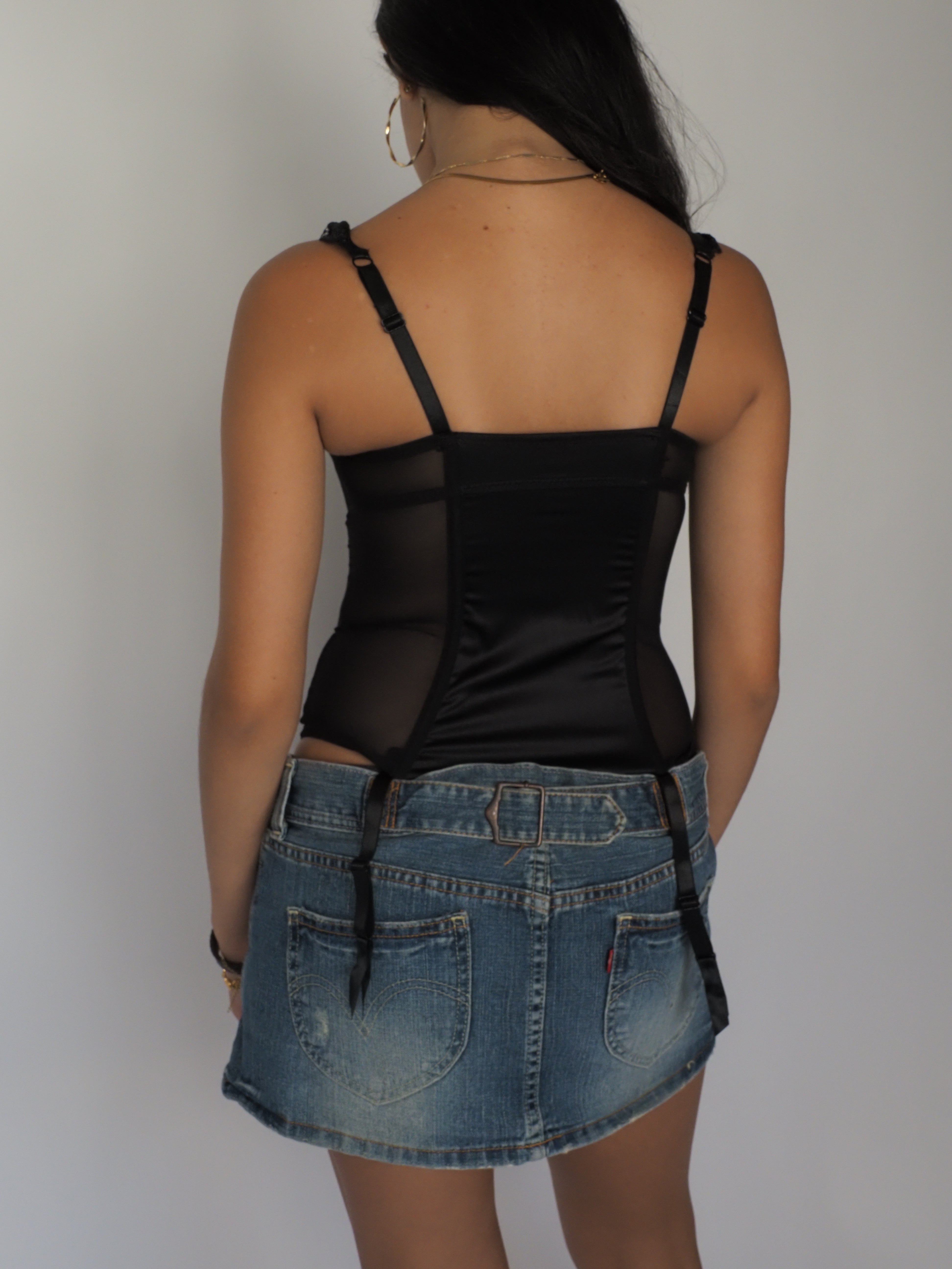 Lovehoney Black Satin & Lace Zipper Corset with Suspenders