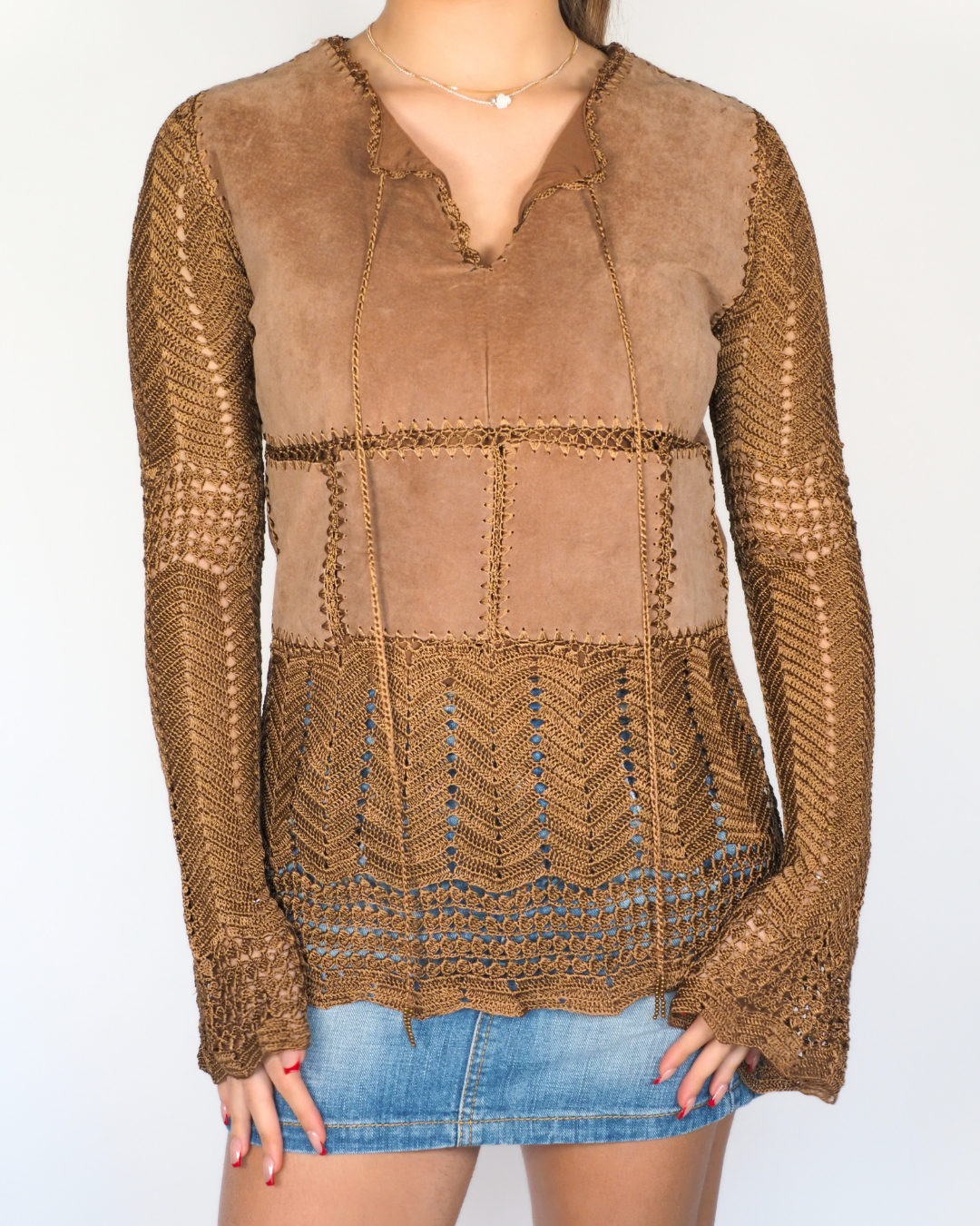 René Derhy Brown Suede & Crochet Boho Top
