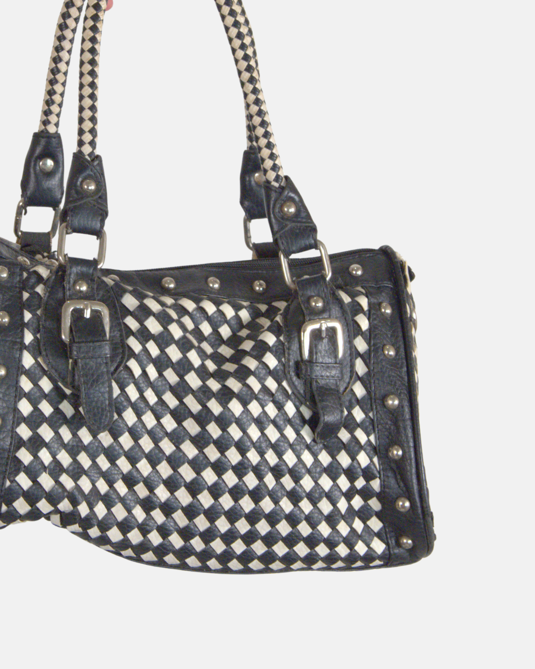 Woven Studded Barrel Satchel