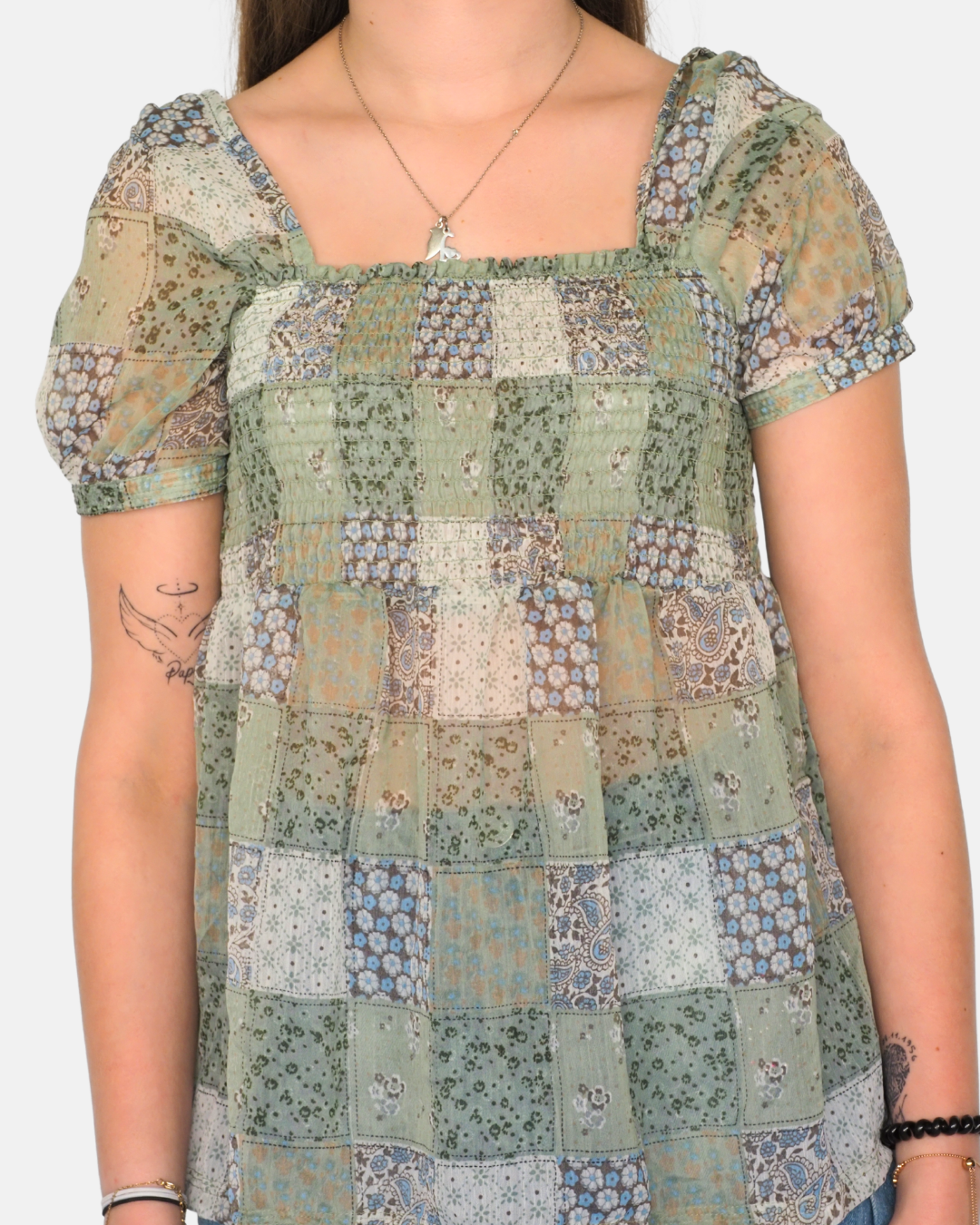 Only Green Patchwork Puff Sleeve Babydoll Top