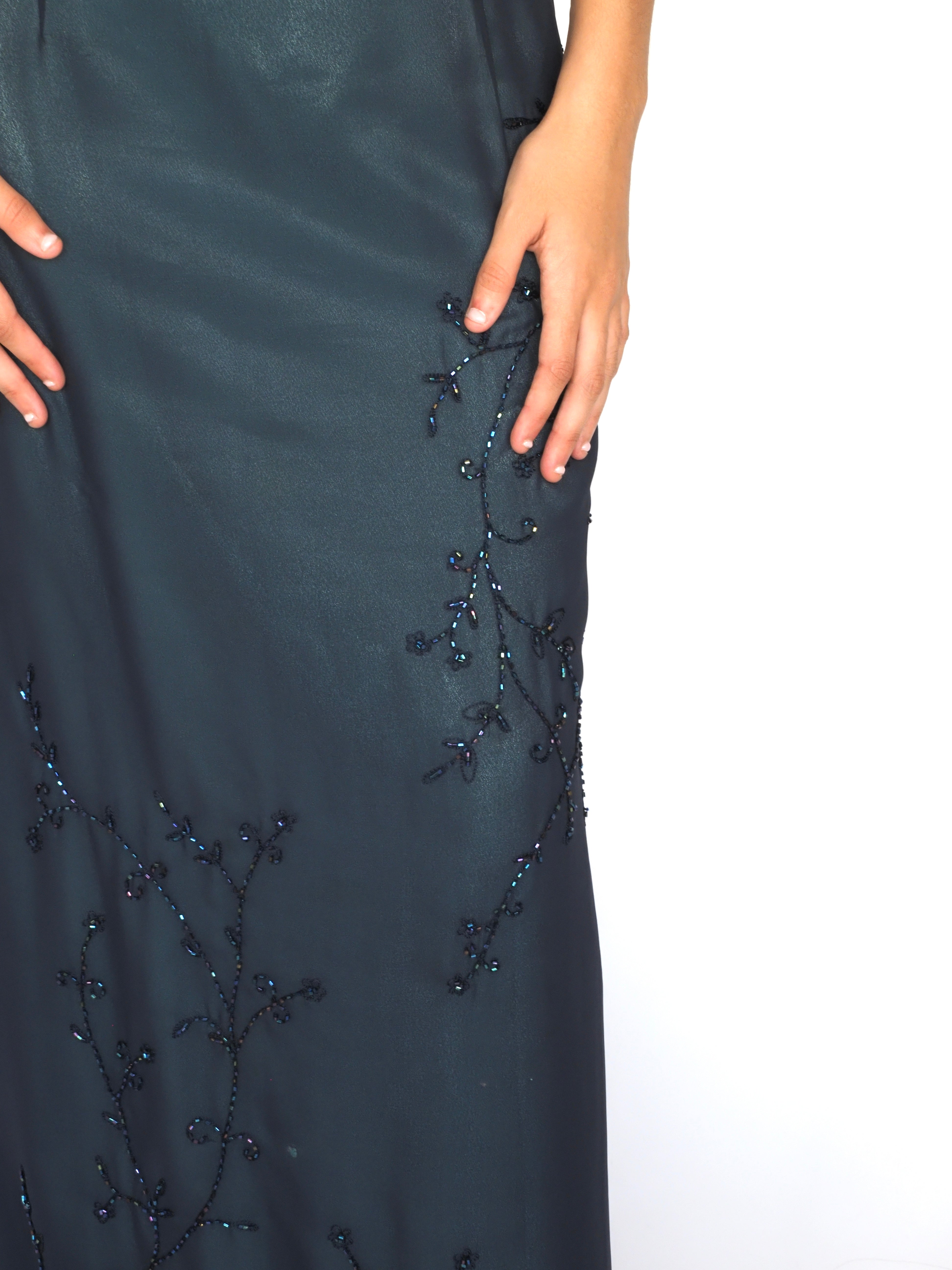 Midnight Blue Satin Beaded Slip Gown