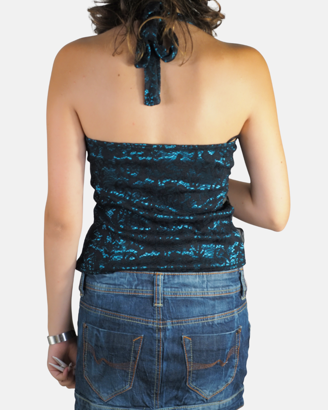 Blue Lace Satin Blend Halter Top