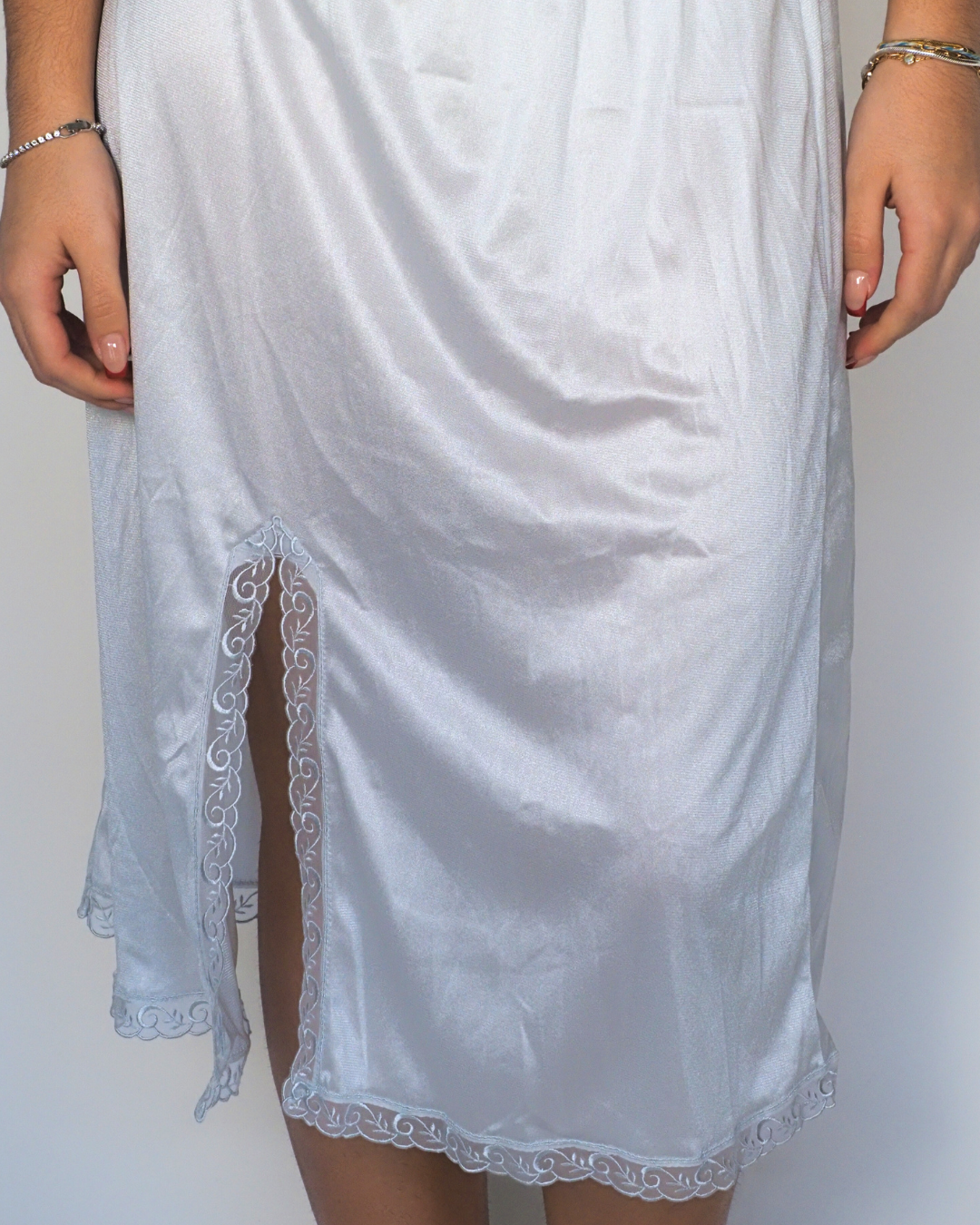 Pale Blue Satin Lace-Trim Slip Skirt with Side Slit – Venere