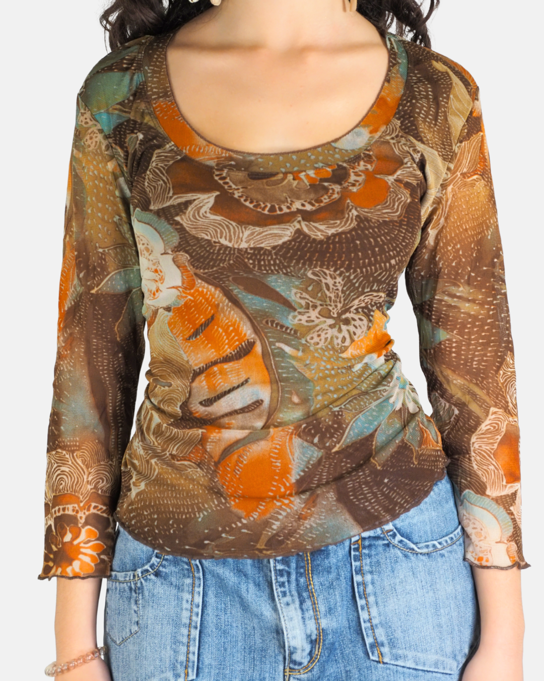 Brown Floral Mesh Long Sleeve Top - Per Una