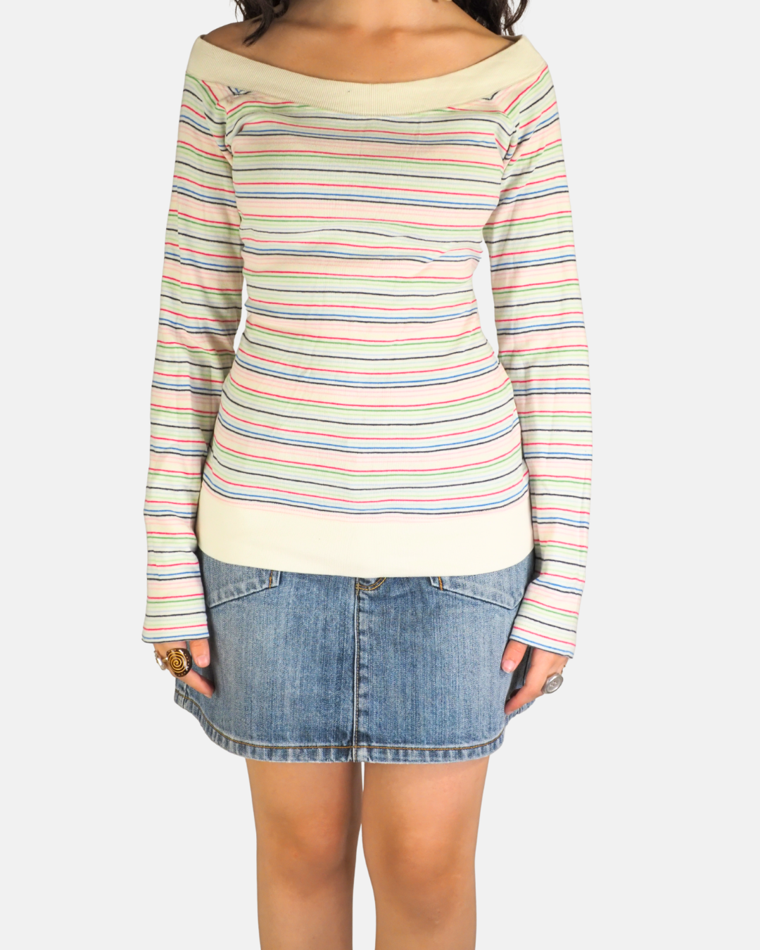 Cream Pastel Striped Off-Shoulder Top
