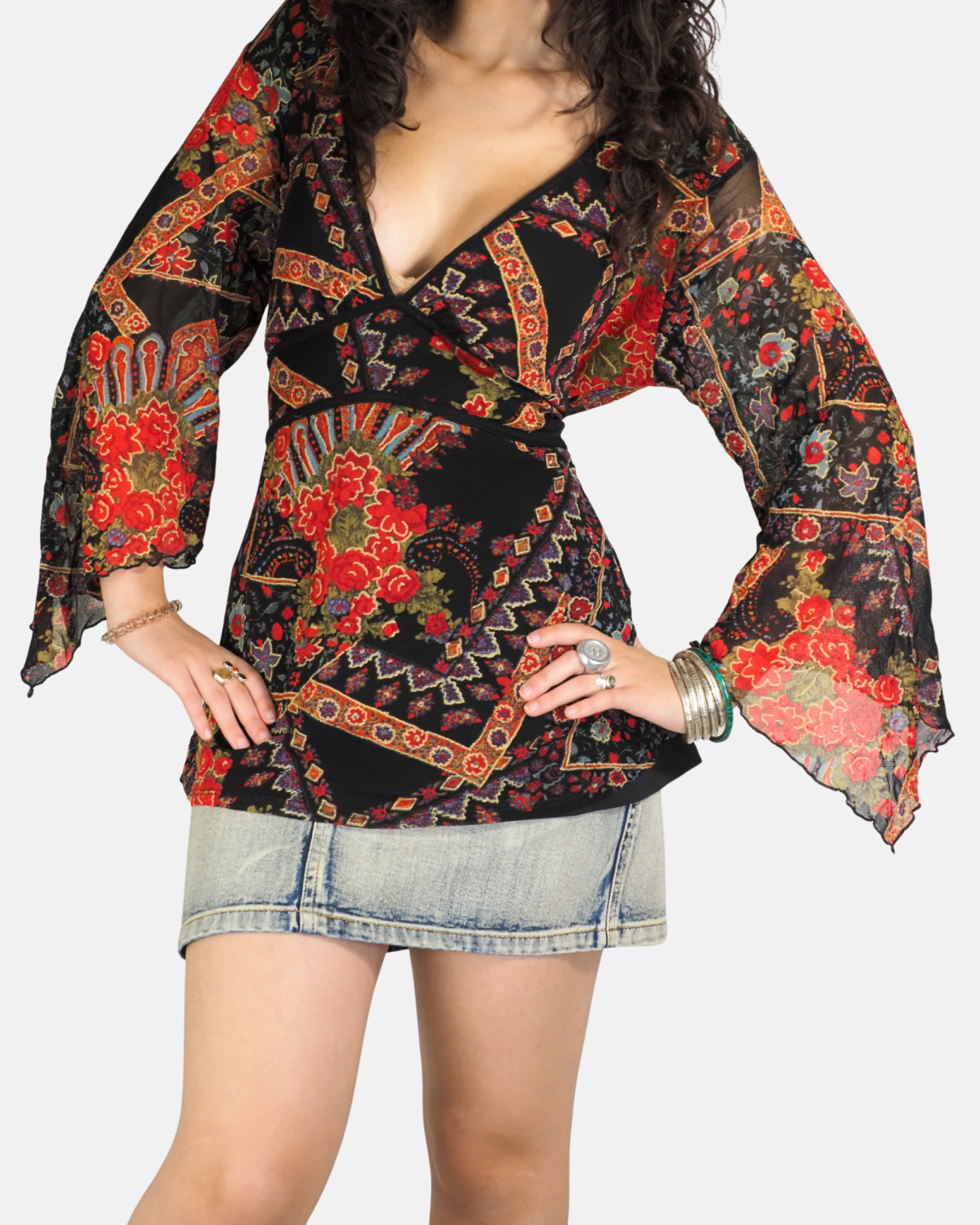 Black Boho Patchwork Bell Sleeve Top