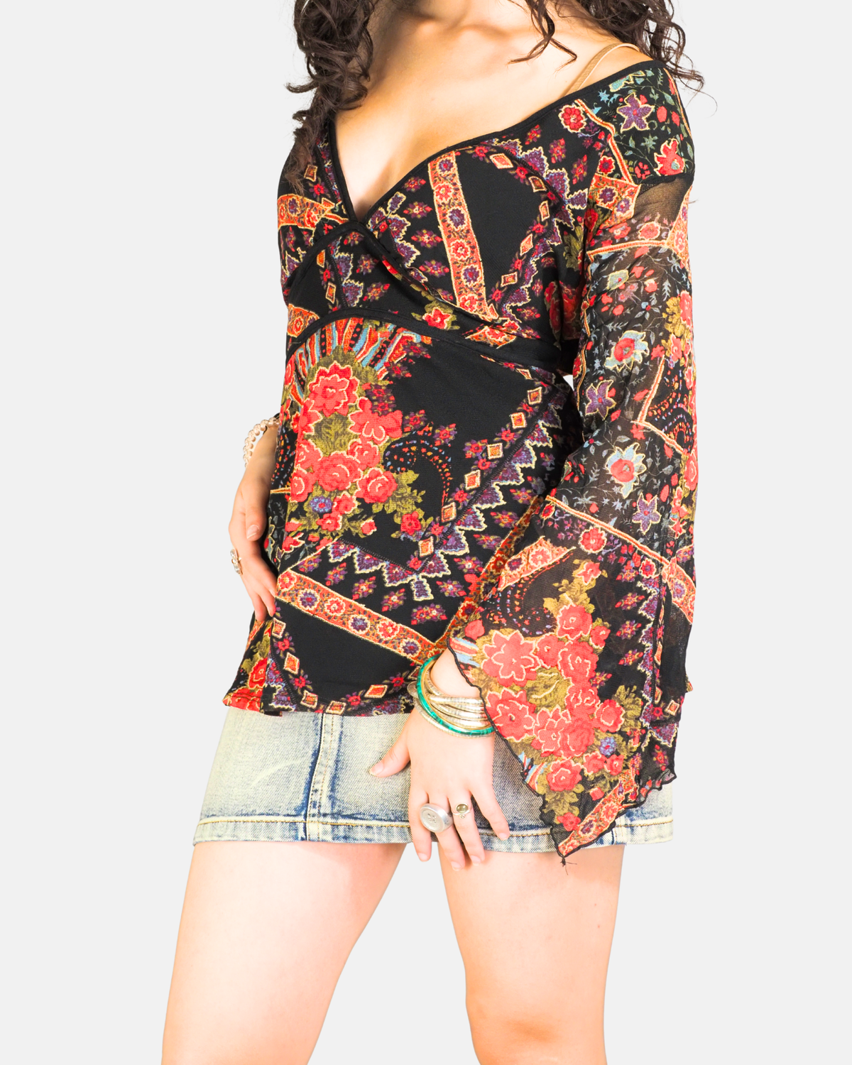 Black Boho Patchwork Bell Sleeve Top