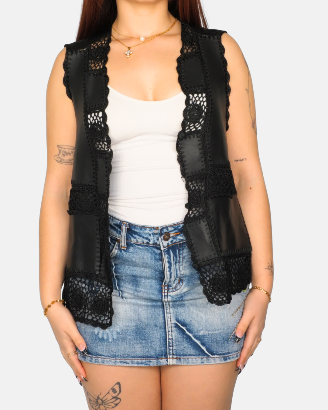 Yen Black Patchwork Crochet & Faux Leather Vest