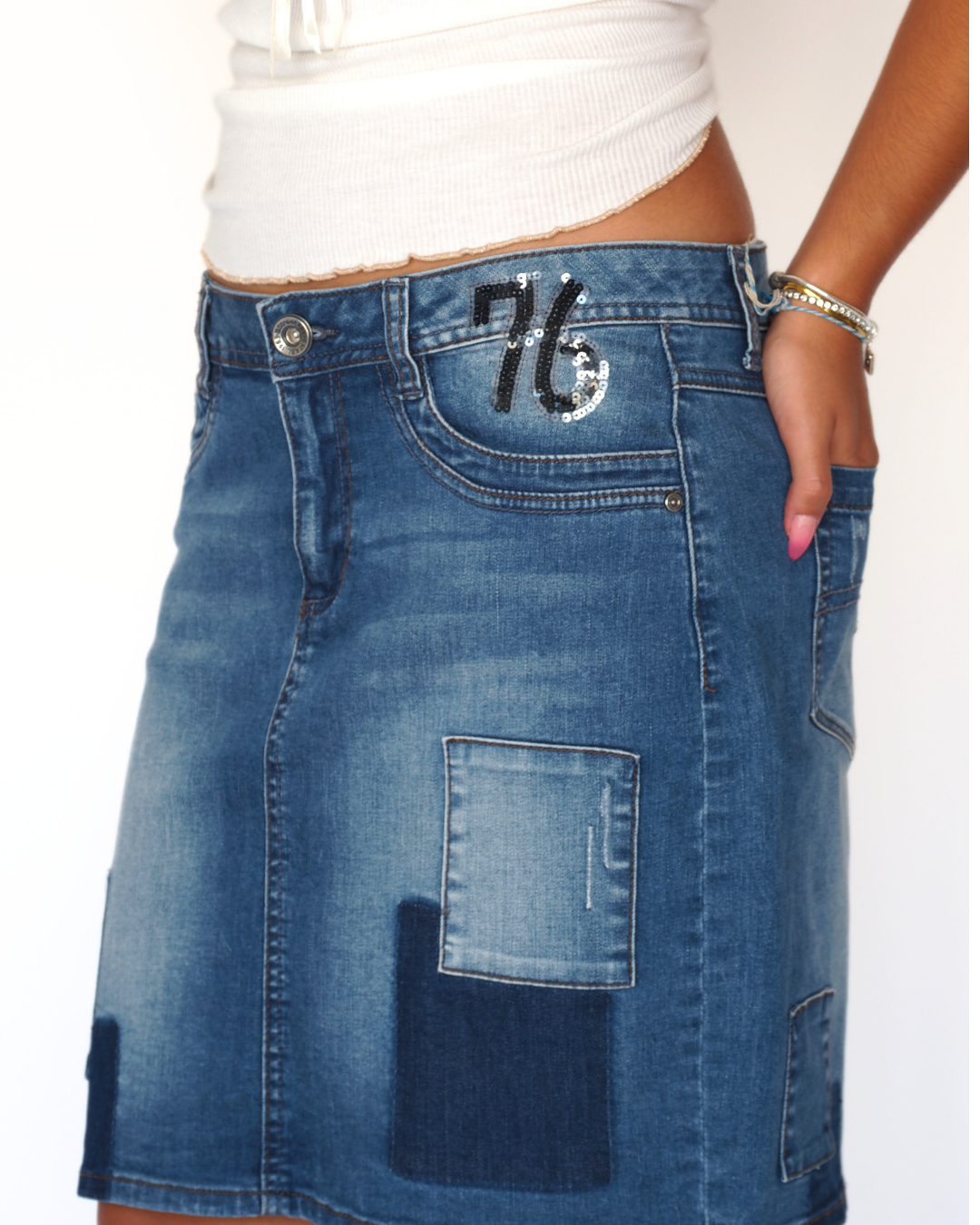 Street One Patchwork Panel Stretch Denim Midi Skirt – Knee-Length A-Line Y2K Style