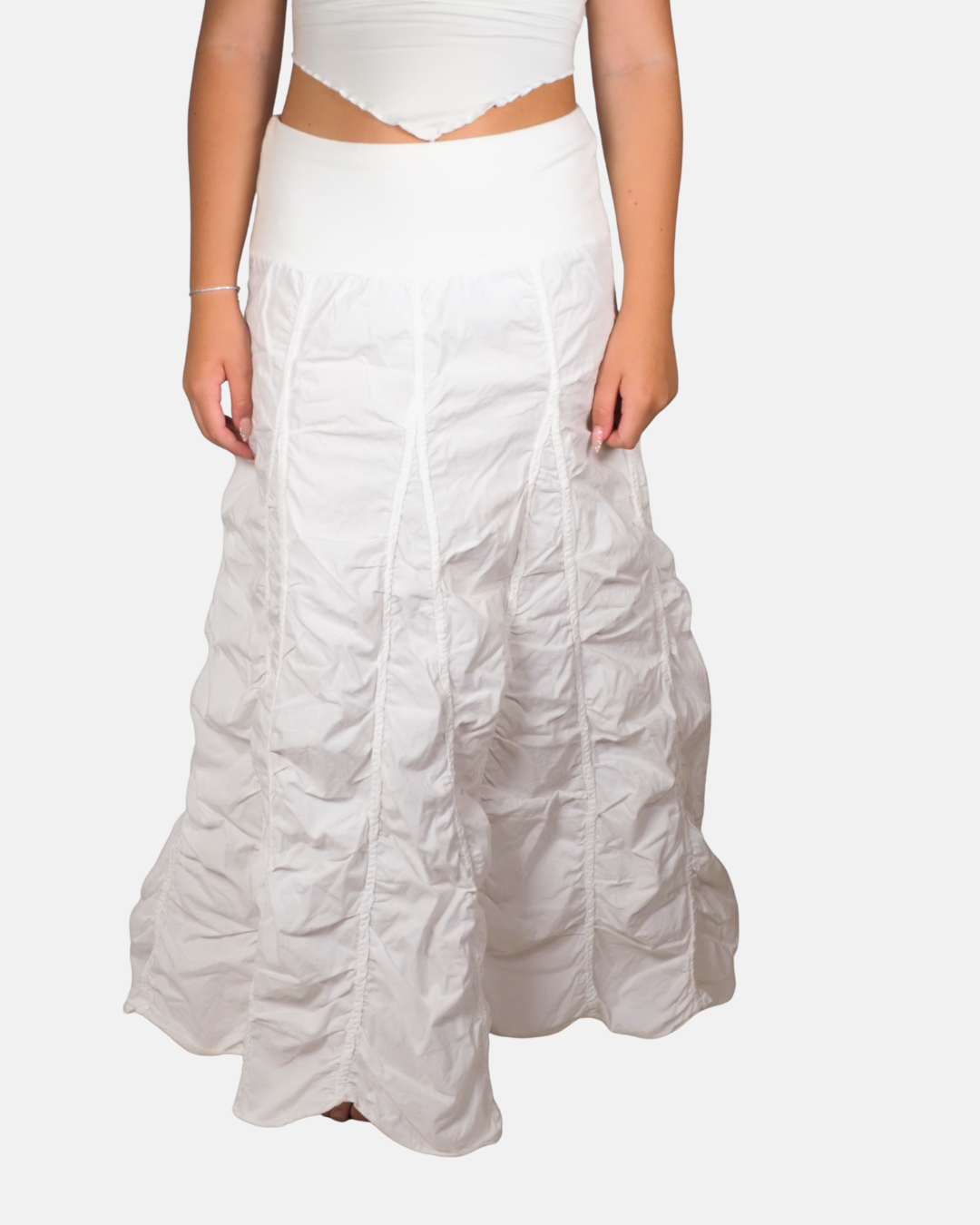 White Ruched Panel Maxi Skirt