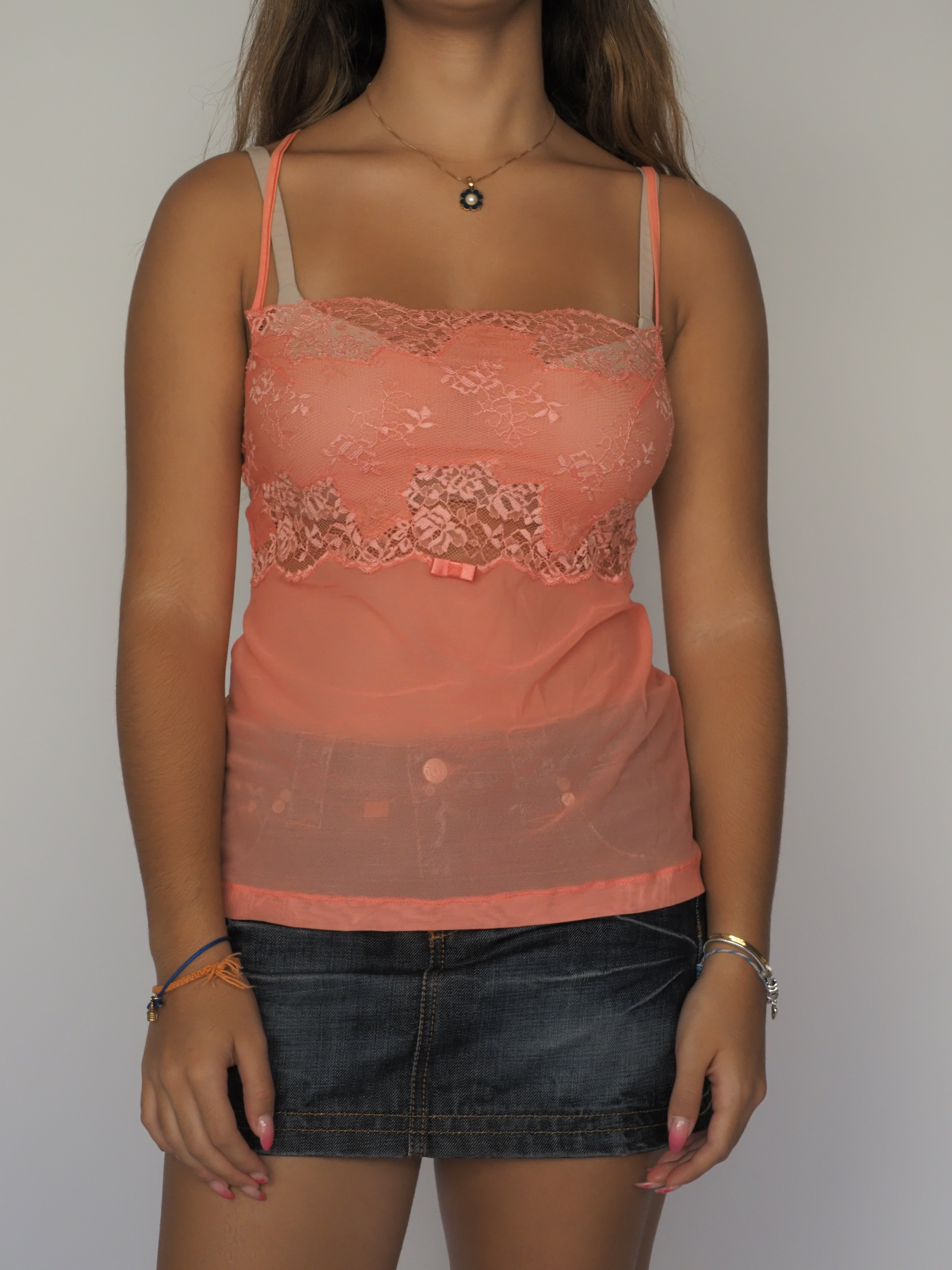 Peach Sheer Lace Trim Camisole Top with Satin Bow